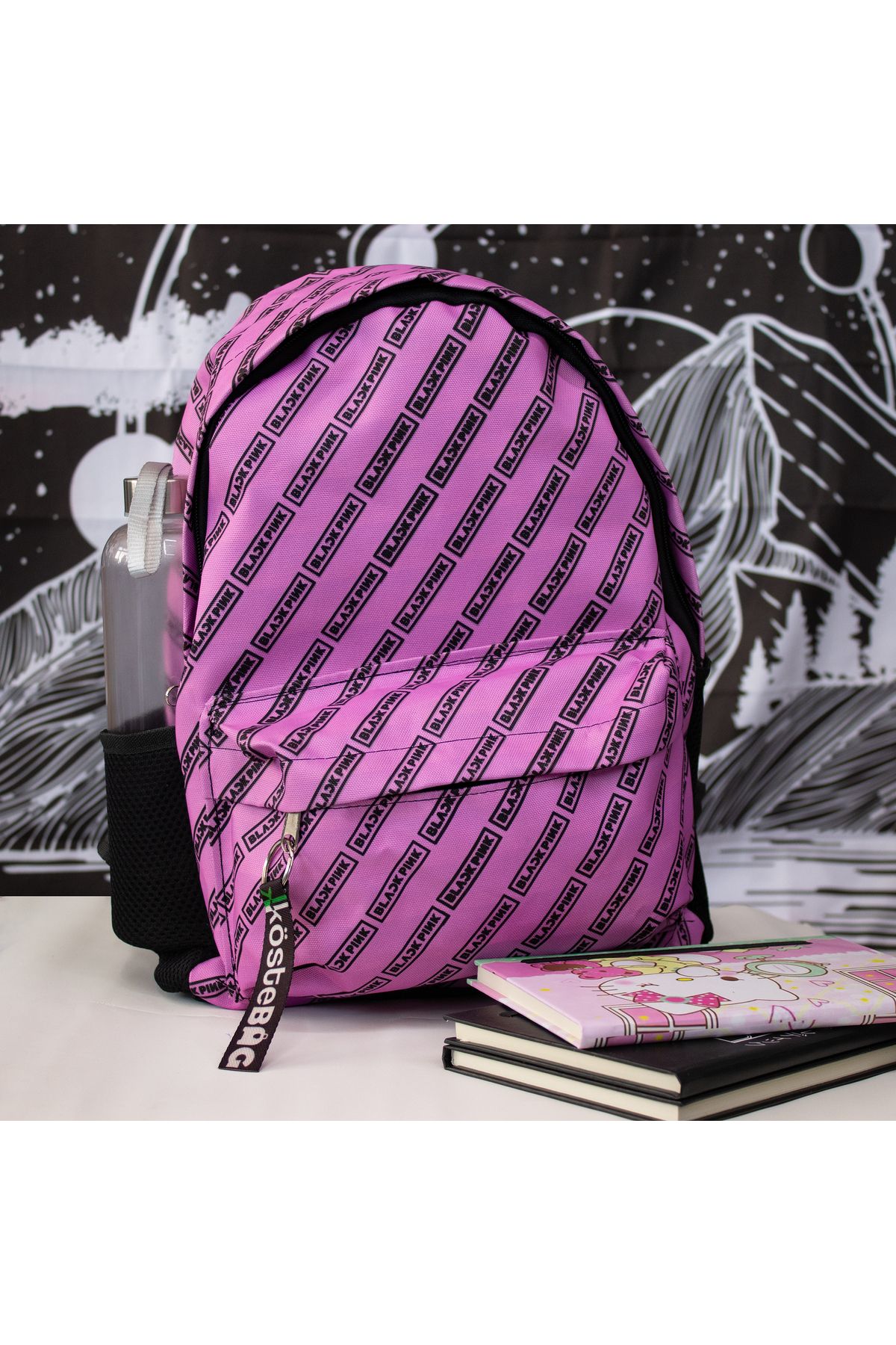 Köstebek-Pink and Pink Logo Collage School Backpack with Water Bottle 1