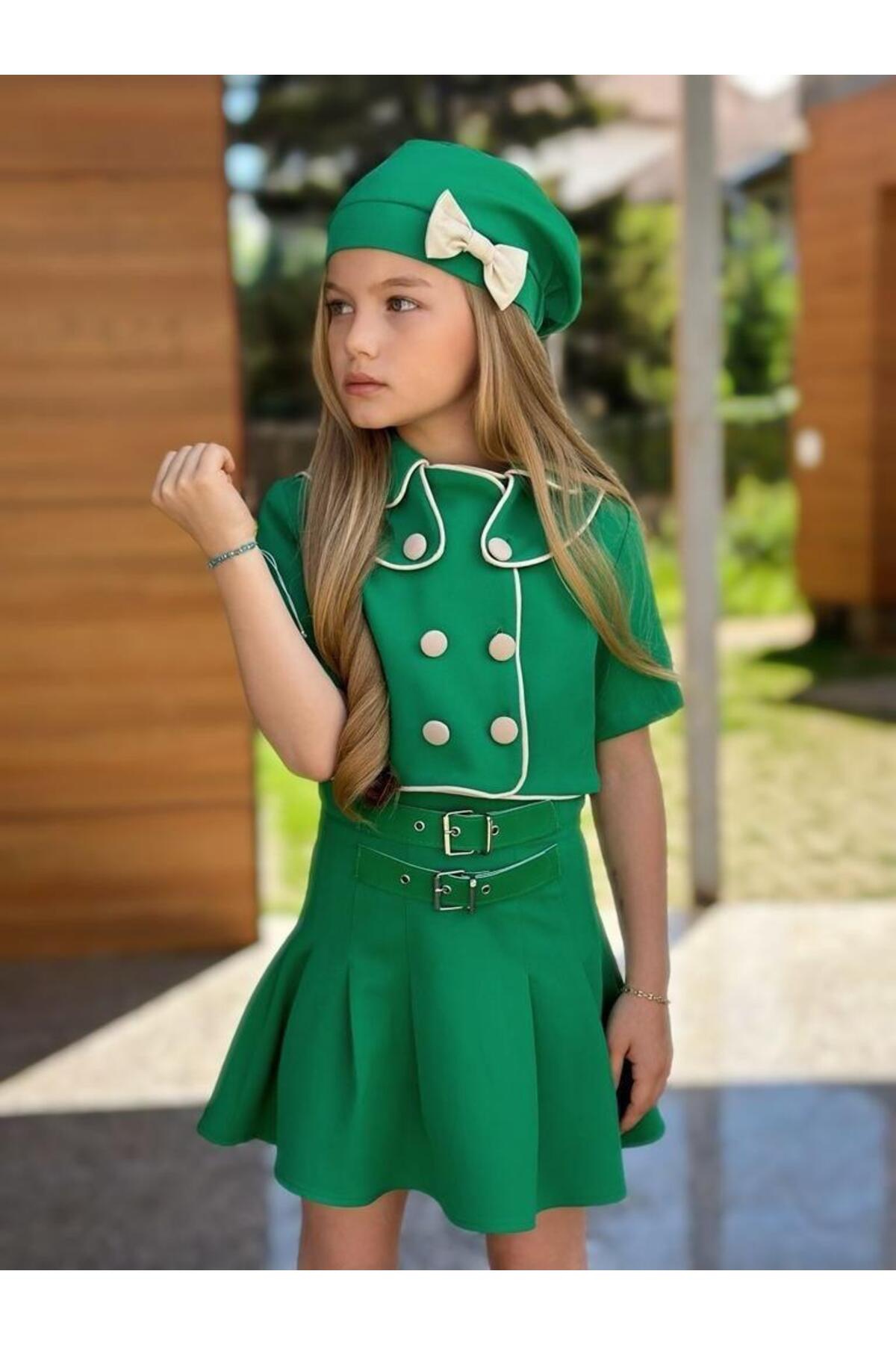 KOKOŞ BEBEK Kokoş Kemer Detaylı Etek, Çift Yaka Gömlek Ve Fiyonklu Şapka Dahil Takım | 3/5 Yaş Arası fotoğrafı 4 (önizleme)