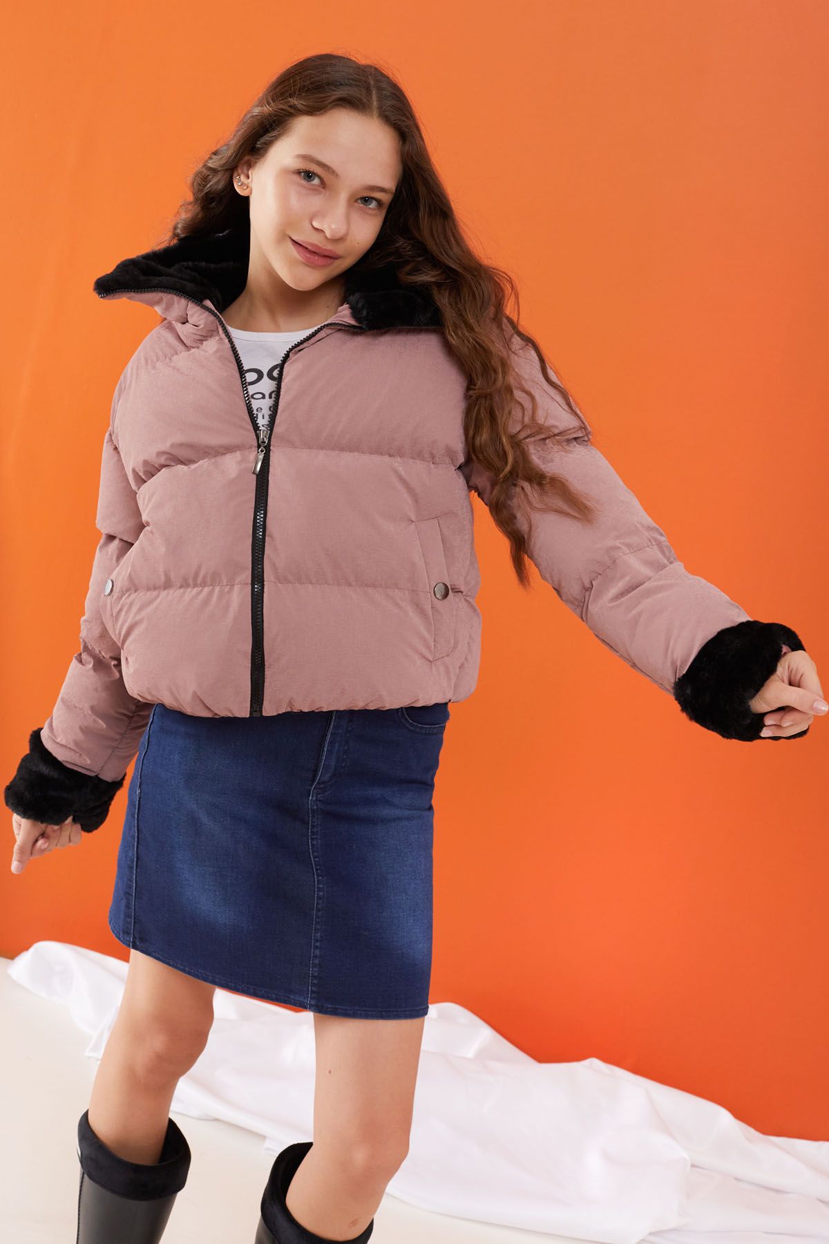 Cansın Mini-Girl's Puffer Jacket - Pink, Stand Collar, Fur Sleeve Detail 19506 6