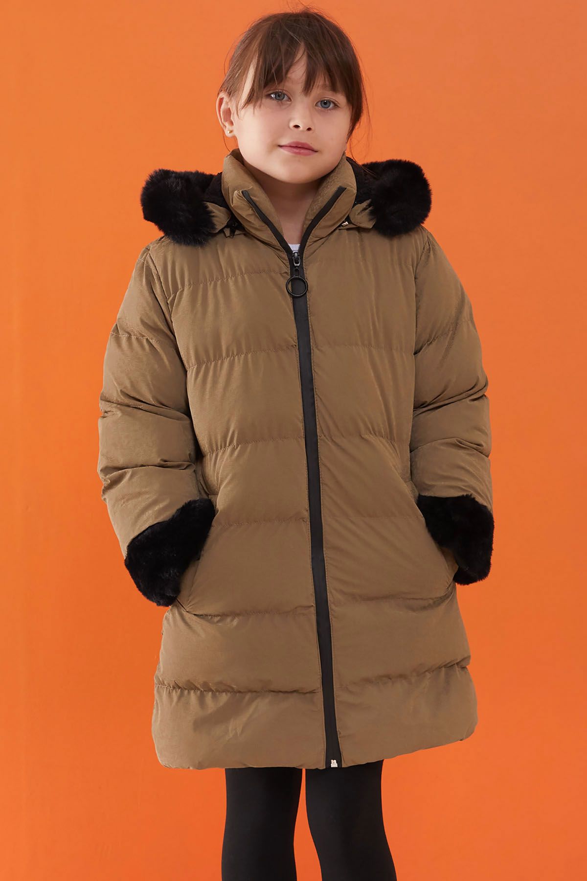 Cansın Mini-Girl's Fur Detailed Hooded Puffer Jacket - Brown 19515 2