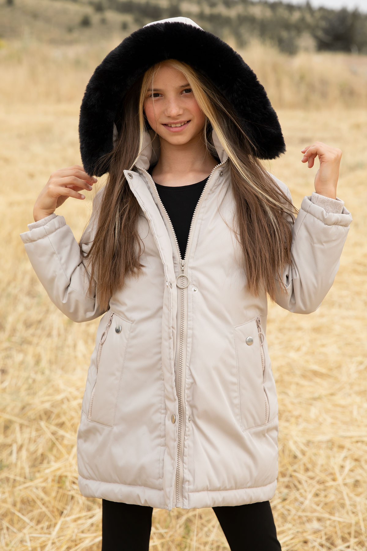 Beige Fur Lined Detachable Hooded Coat for Girls 19056