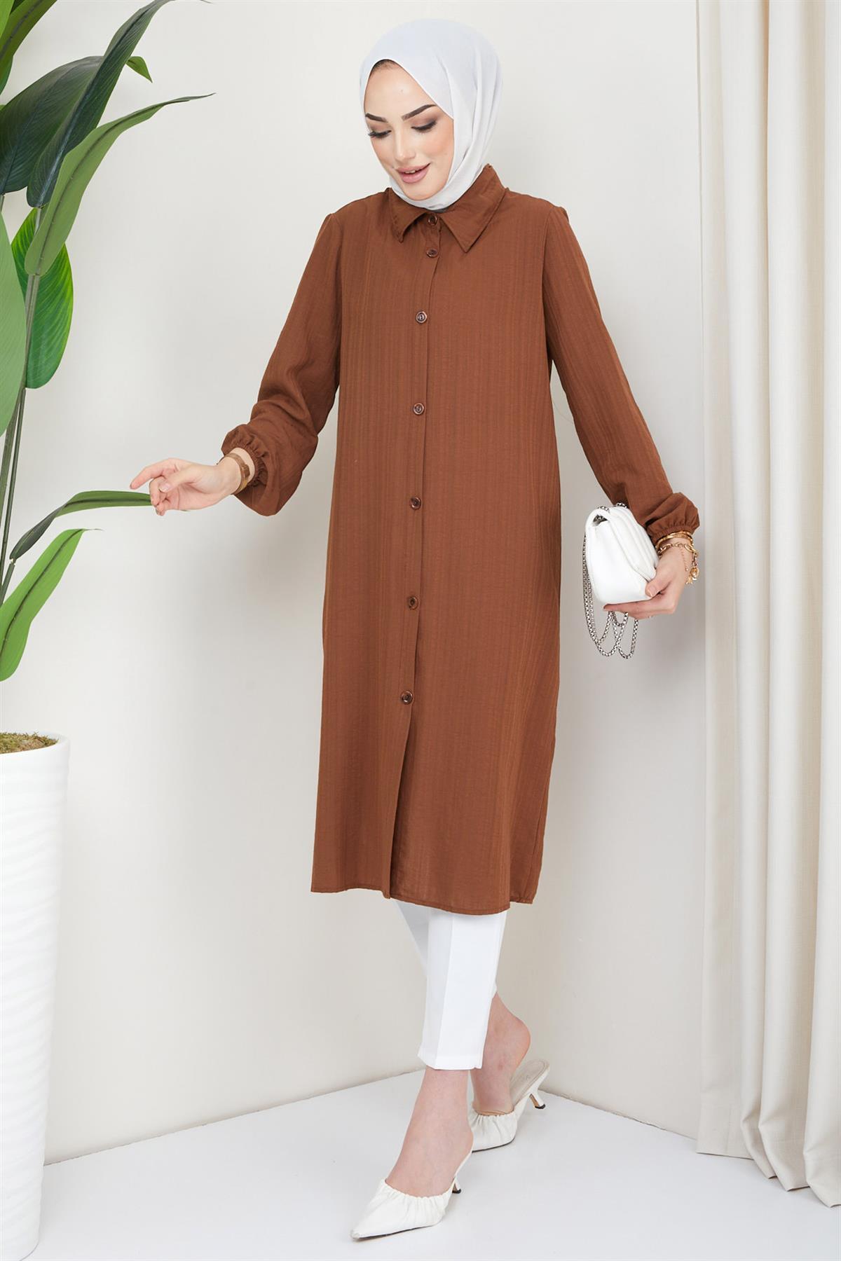 hafsamina  Yazlık Uzun Pamuklu Tunik Kahverengi - Görsel 4