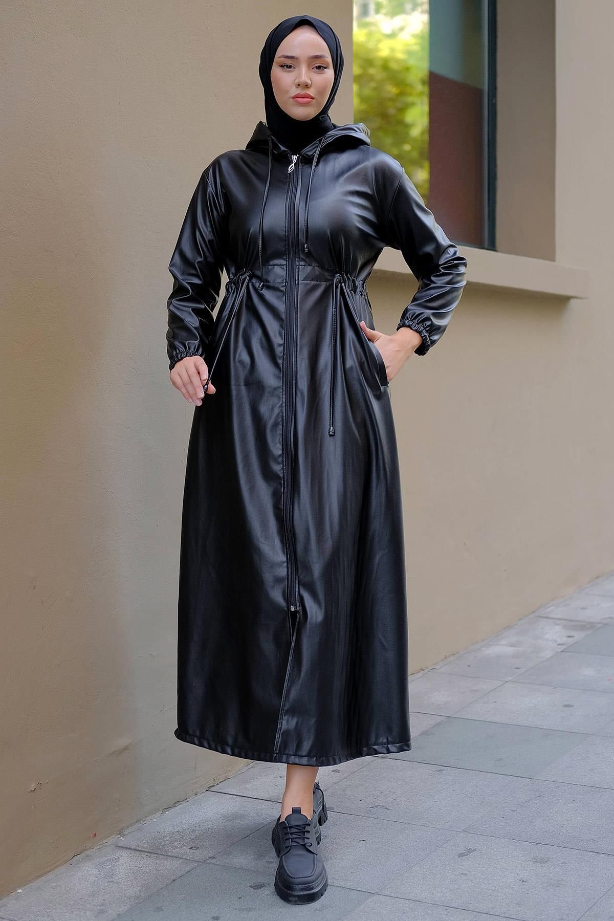 hafsamina-Δέσιμο Faux Leather Trench Coat Μαύρο HM2279 3