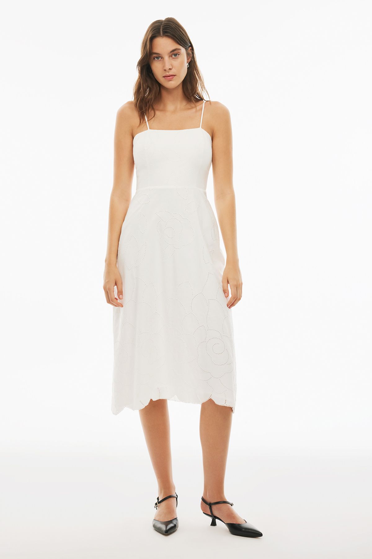Perspective-Branny Regular Fit Midi Length Strap Square Collar Ecru Color Dress 1