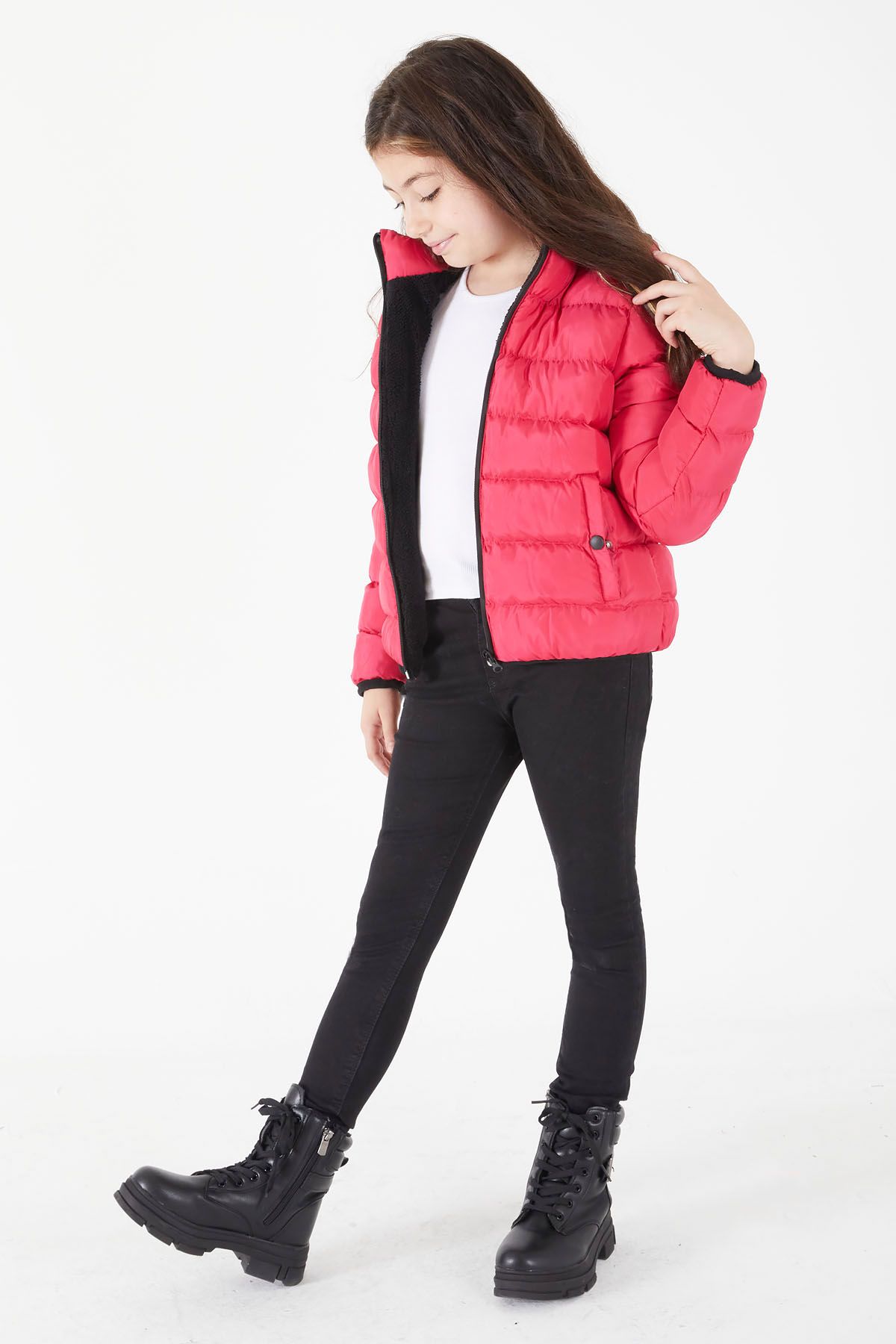 Cansın Mini-Girl's Straight Stitched Fuchsia Puffer Coat 15639 1