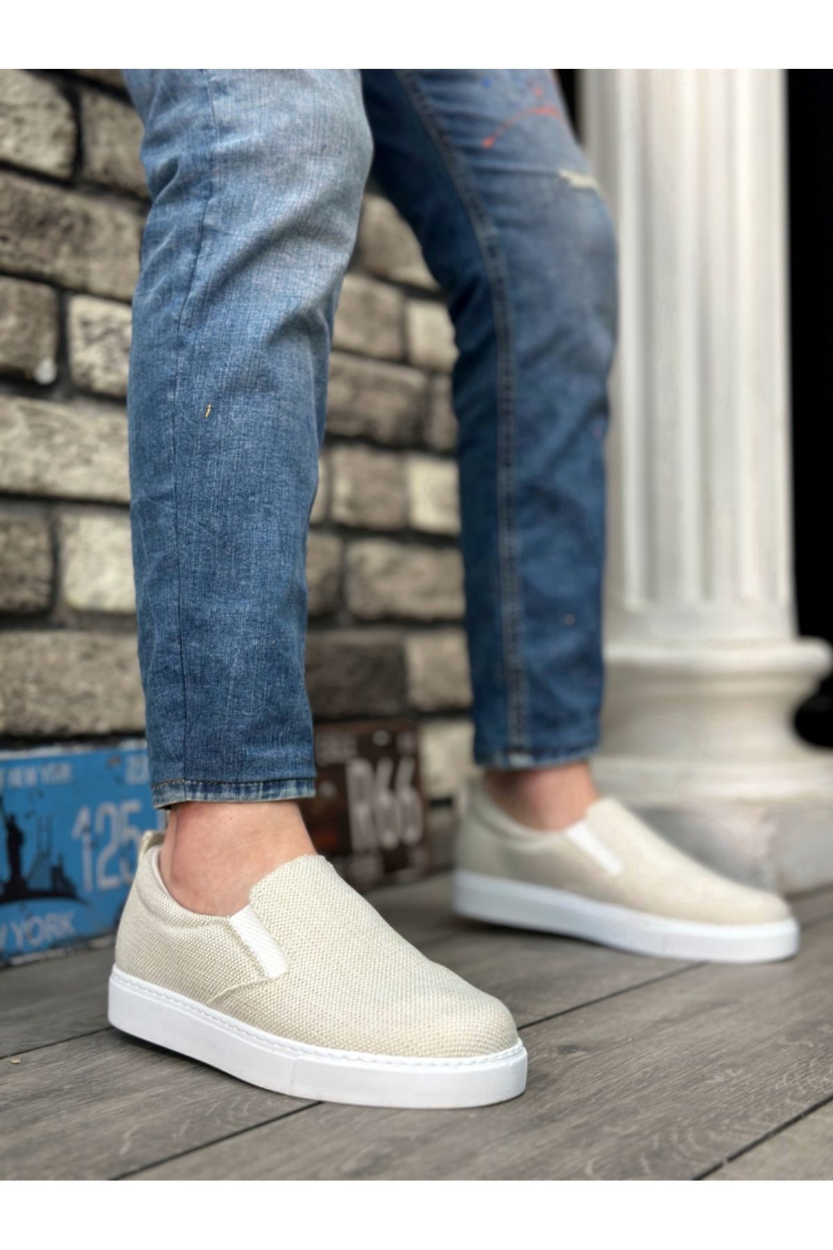 BOA-BA0339 Pantofi casual pentru bărbați din in - Talpă alb crem, fără șireturi 6