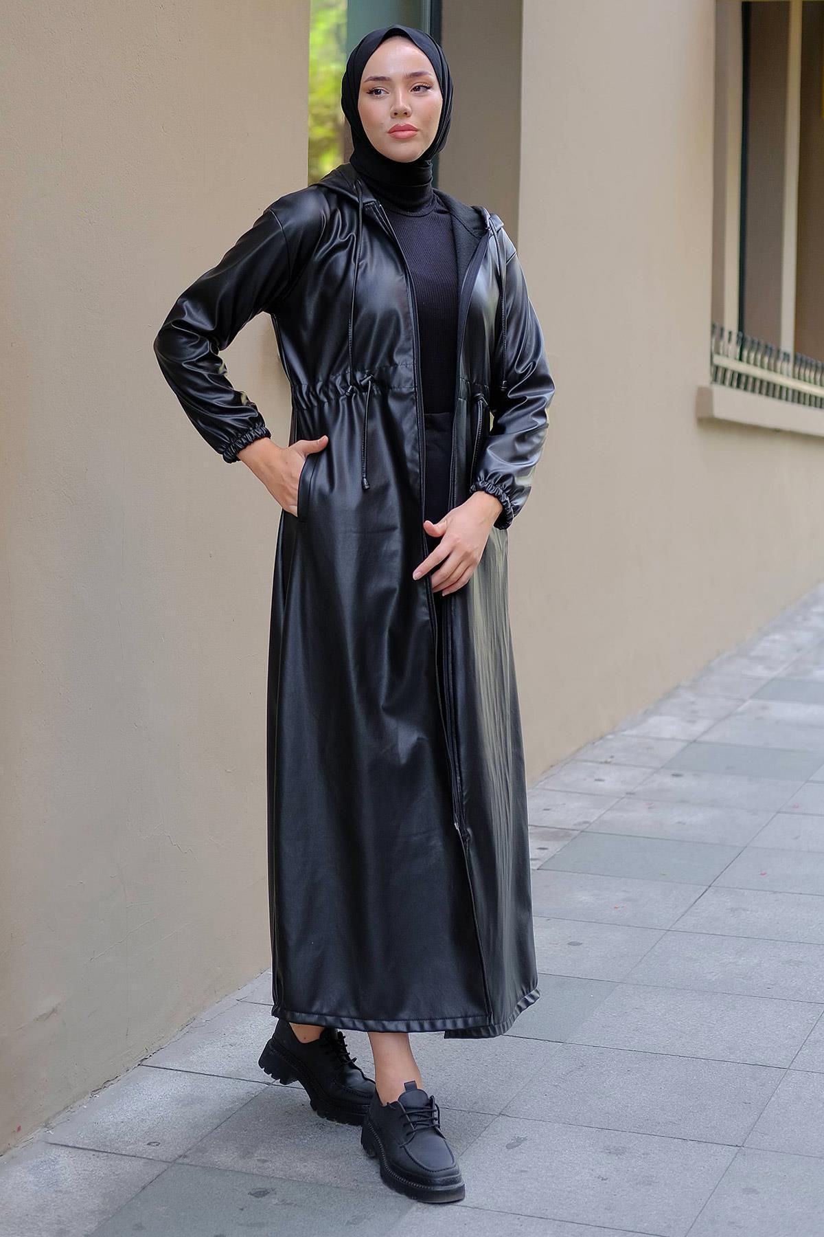 hafsamina-Δέσιμο Faux Leather Trench Coat Μαύρο HM2279 6
