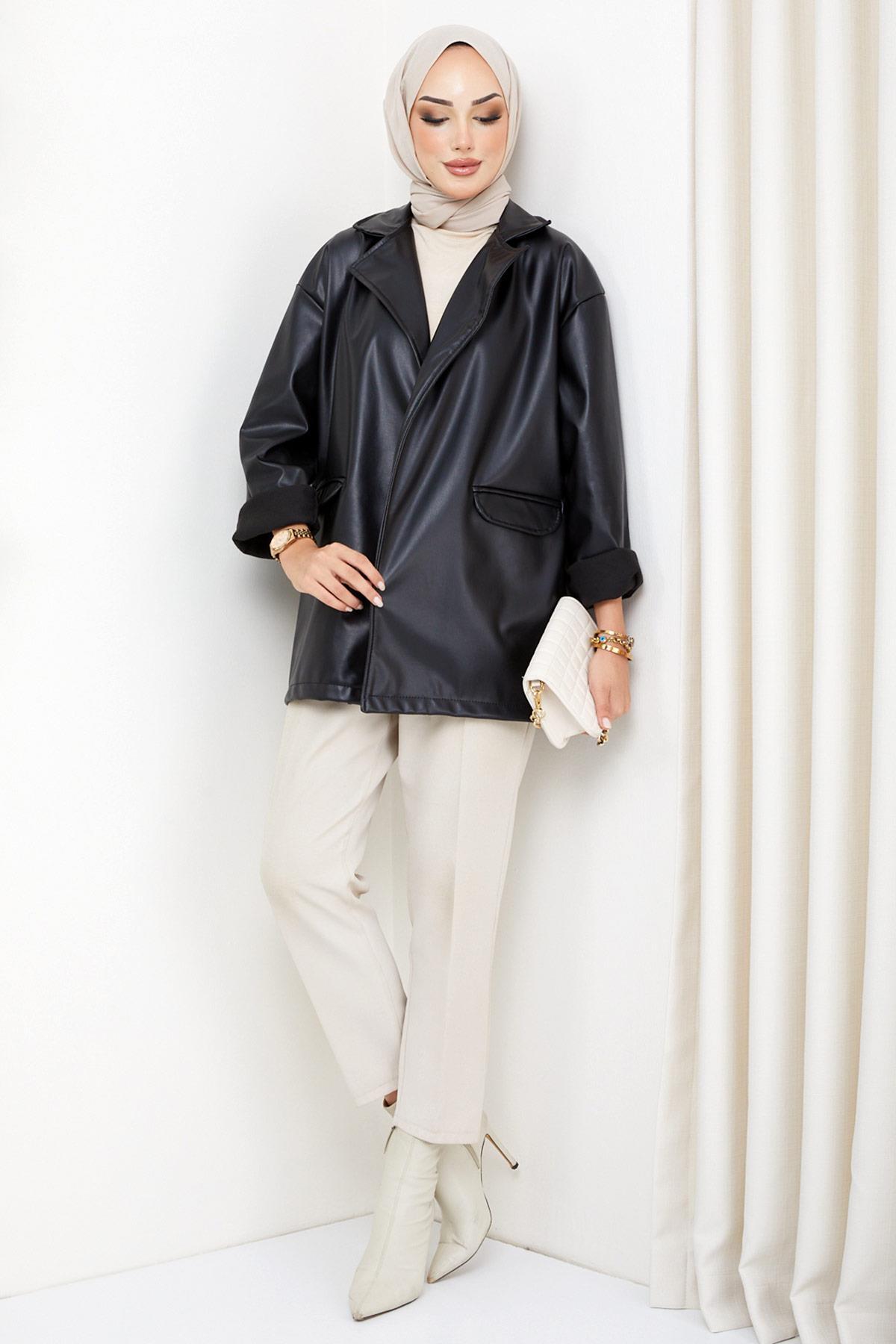 hafsamina  Suni Deri Ceket Siyah HM2270 - Görsel 3