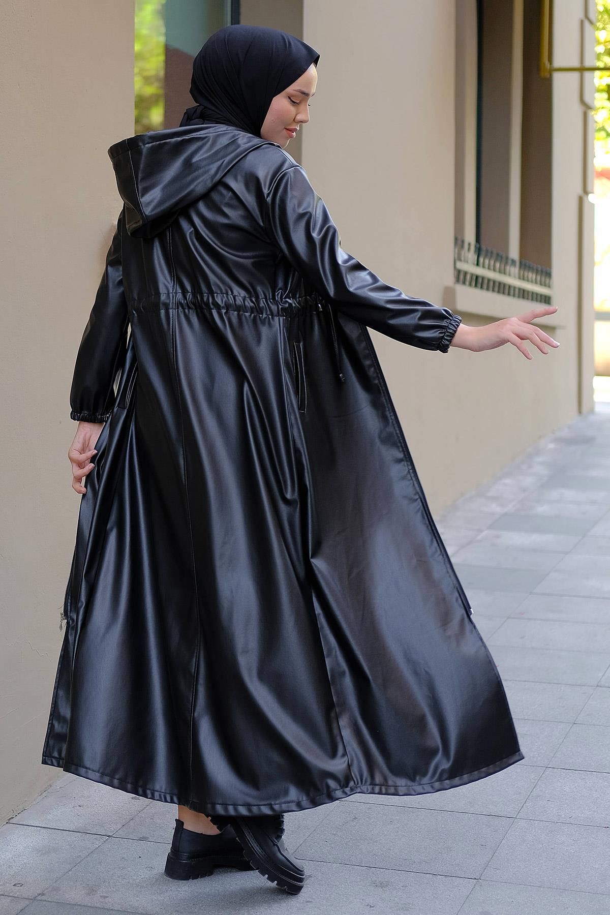 hafsamina-Δέσιμο Faux Leather Trench Coat Μαύρο HM2279 5