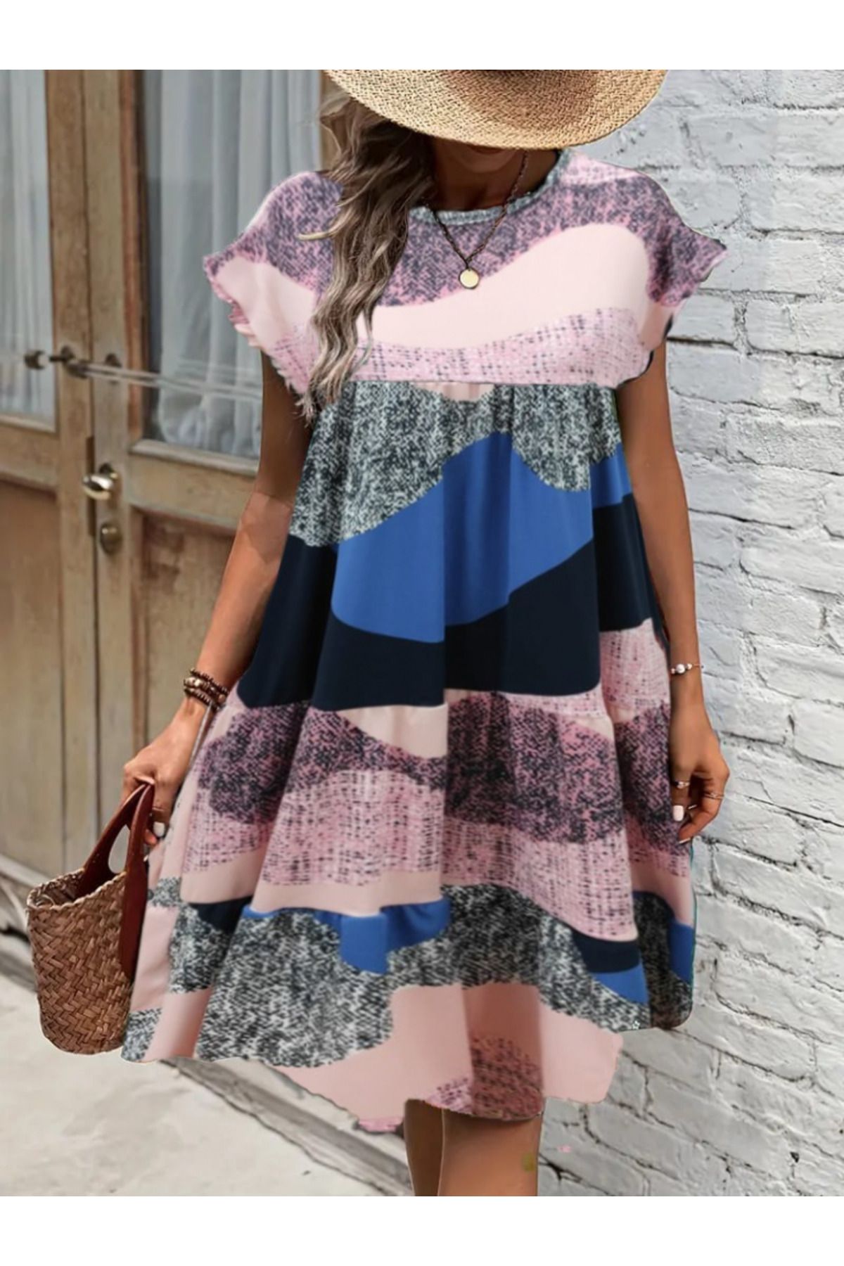 velmorafashion Kadın Kısa Kollu Bisiklet Yaka Kare Desenli Süprem Elbise