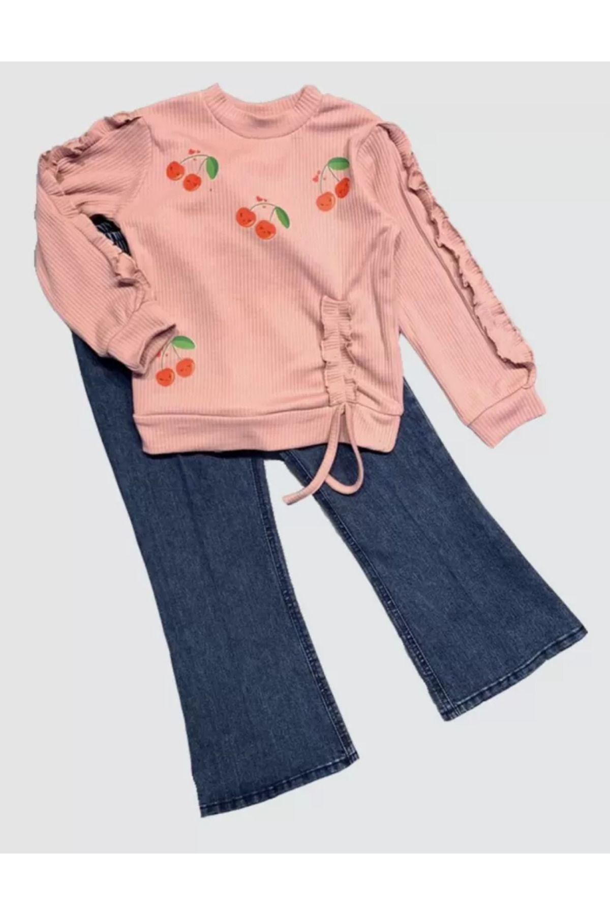 Skygo-4-5-6 Years Old Girl's Set - Cherry Patterned Combed Cotton Sweat, Long Sleeve Jeans 1