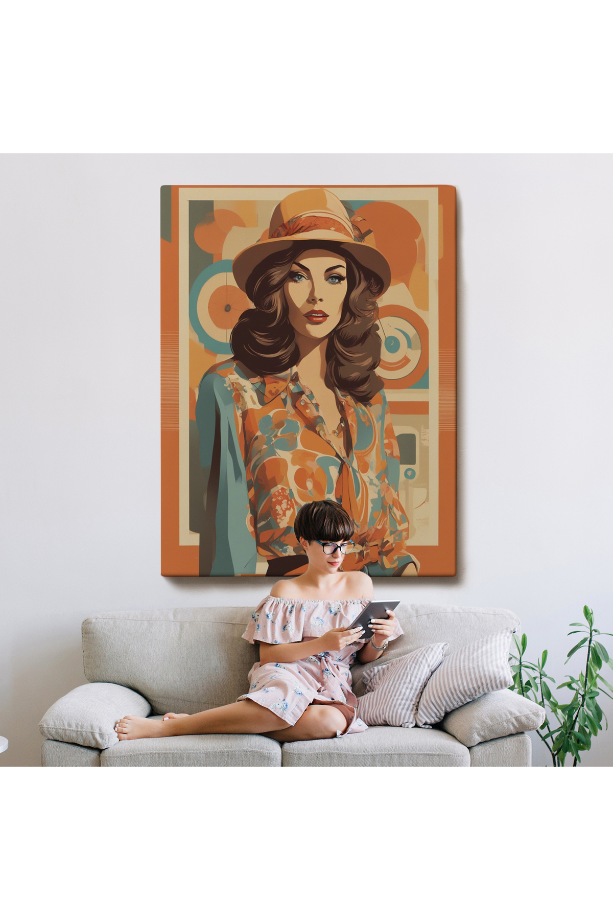 Şapkalı Güzel Retro Kadın Kanvas Tablo görsel 8