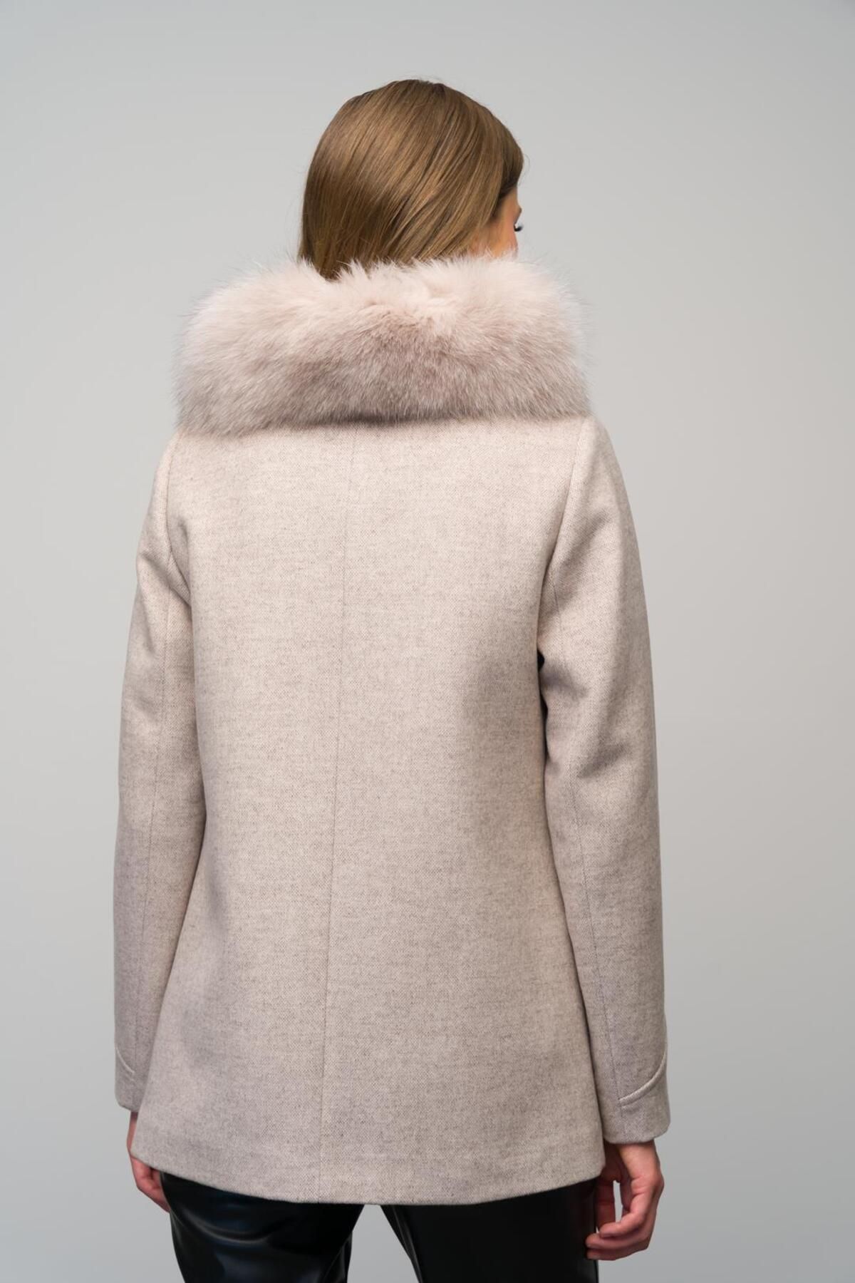 Olcay-Short Cashmere Coat with Detachable Collar Sheepskin Button Closure Beige 3061-Tk 7