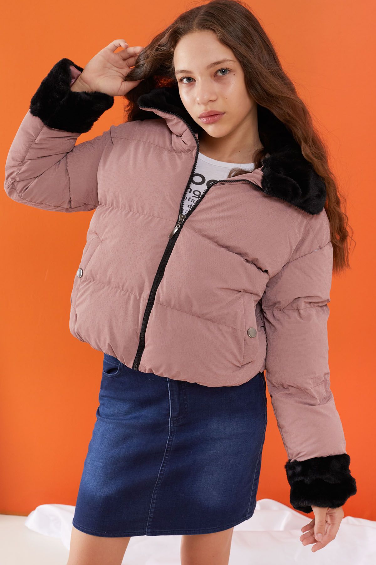 Cansın Mini-Girl's Puffer Jacket - Pink, Stand Collar, Fur Sleeve Detail 19506 4