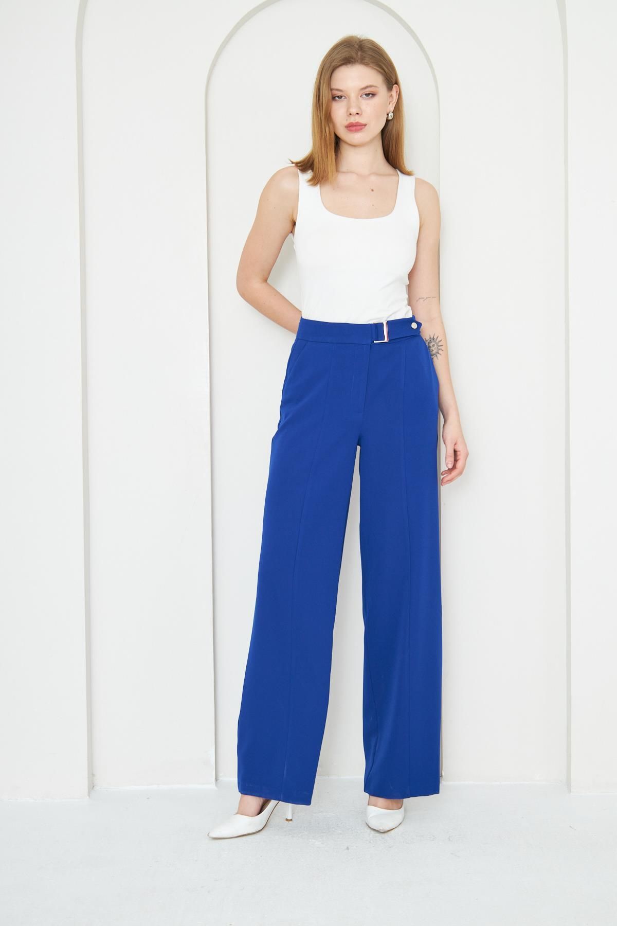 LOVELF-Saks Blue Wide Leg Trousers - Buckle Detailed 2