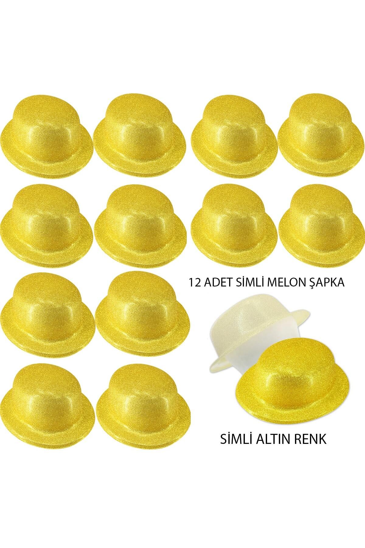 gorjin Altın Renk Simli Melon Yuvarlak Parti Şapkası 12 Adet