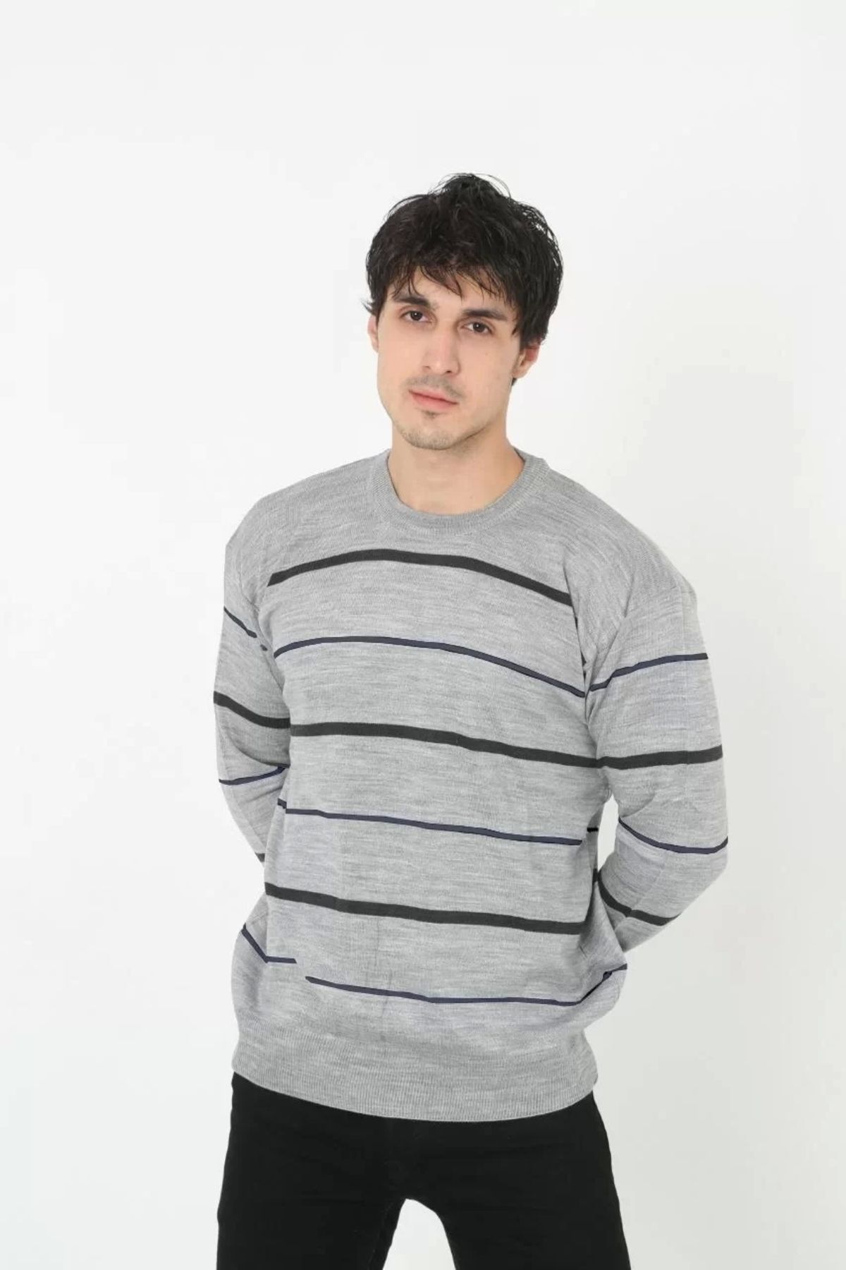 benimdünyam-Unisex Thin Striped Crew Neck Knitwear Sweater - Gray 1