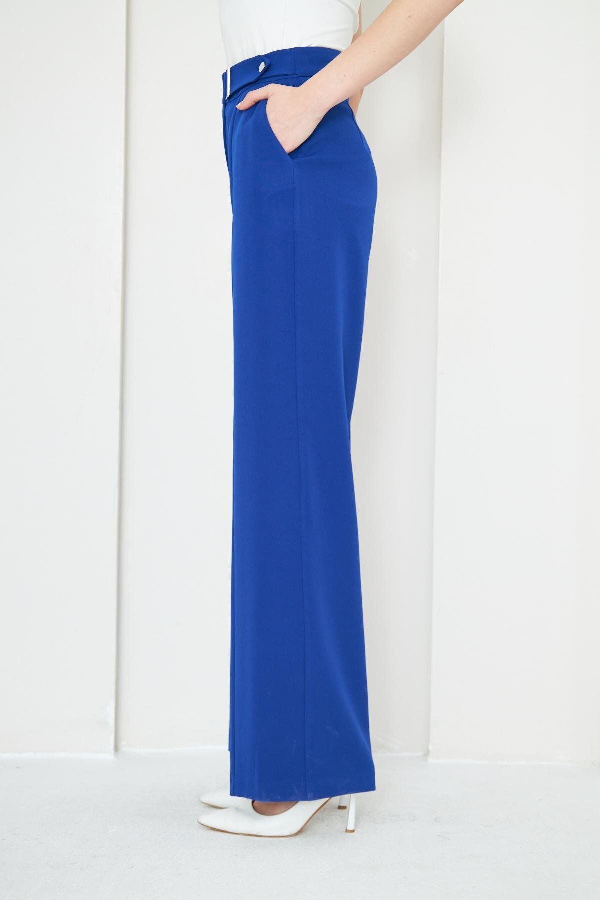 LOVELF-Saks Blue Wide Leg Trousers - Buckle Detailed 5