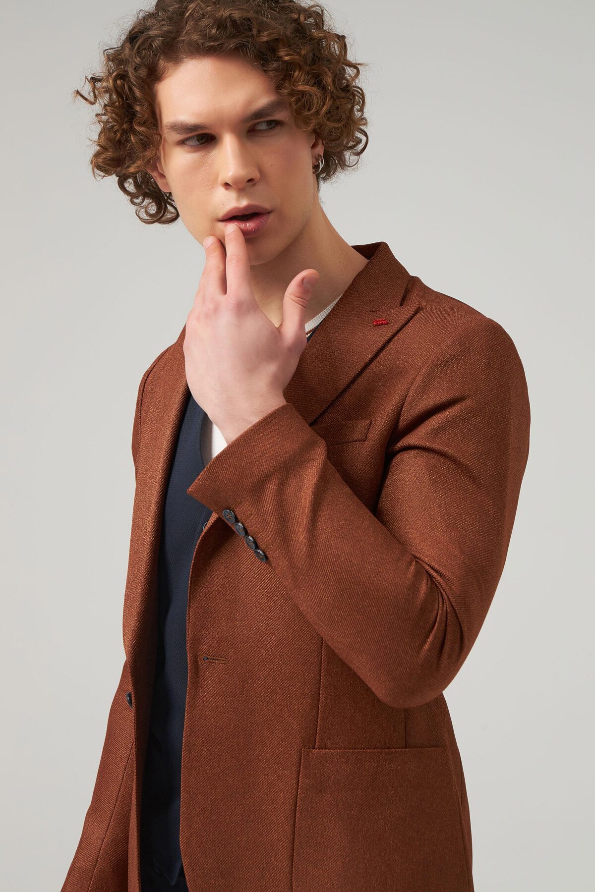  کت و شلوار ویسکوز یقه دابی تک رنگ اسلیم فیت مدل Camel Dobby