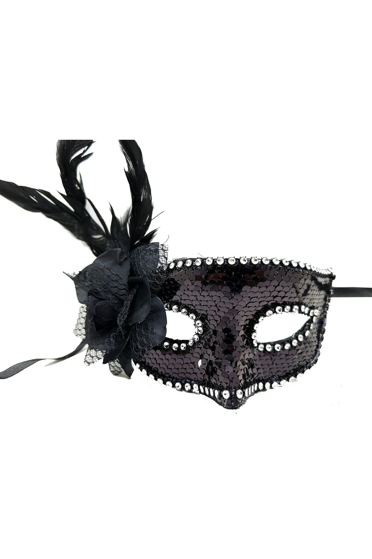 Avantaj Kapıda ® Siyah Renk Yandan Tüylü Güllü Gümüş Taşlı Pullu Maske 20x22 cm (Parti Temalı)