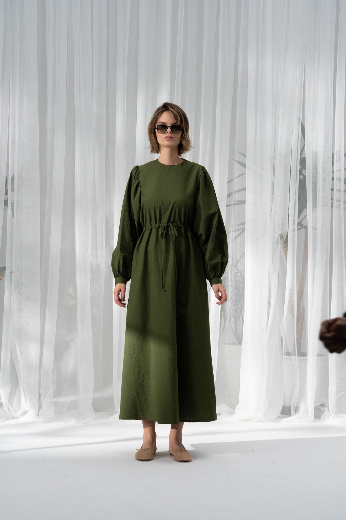 QANU-Green Cotton Gathered Dress 4