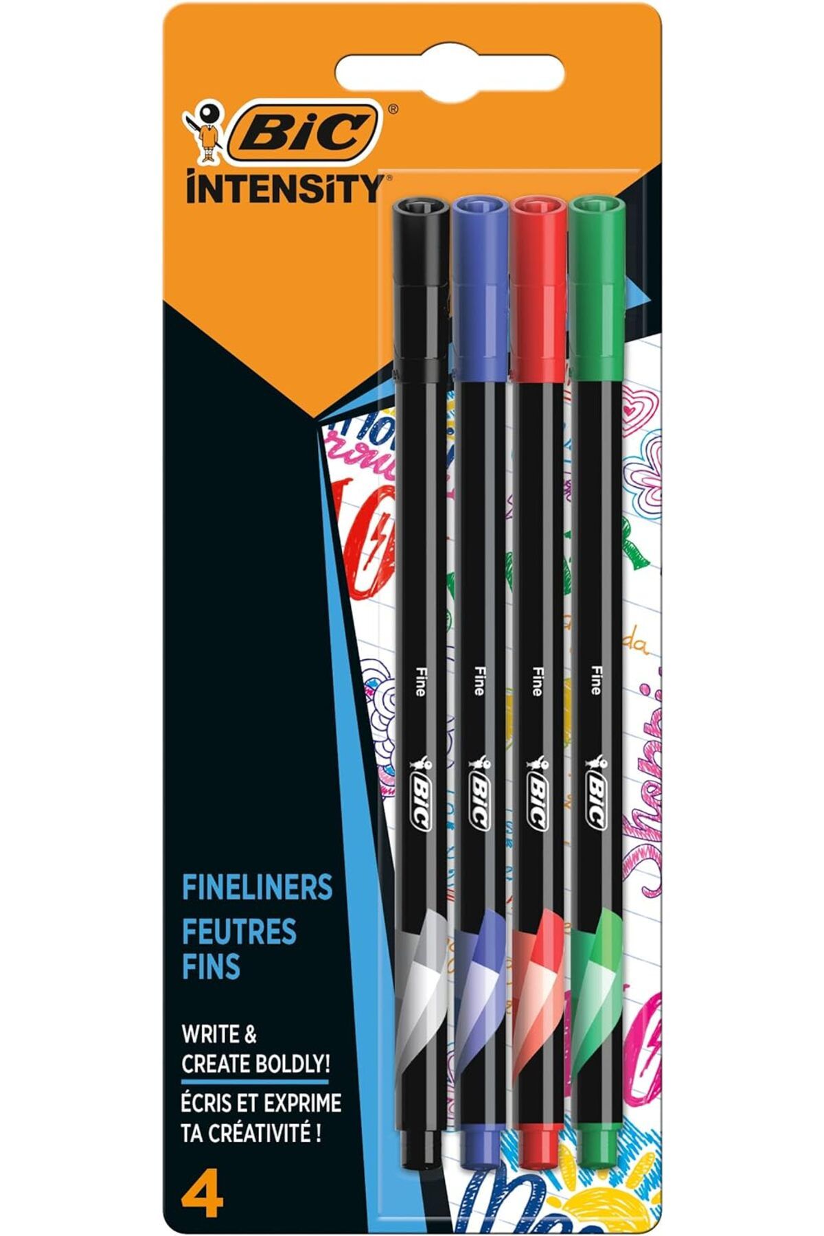 STOREMAX nffashopm Intensity Fine Liner Keçe Uçlu Kalem 4'lü Blister Klasik Renkler, Siyah,Mavi,Kırmızı