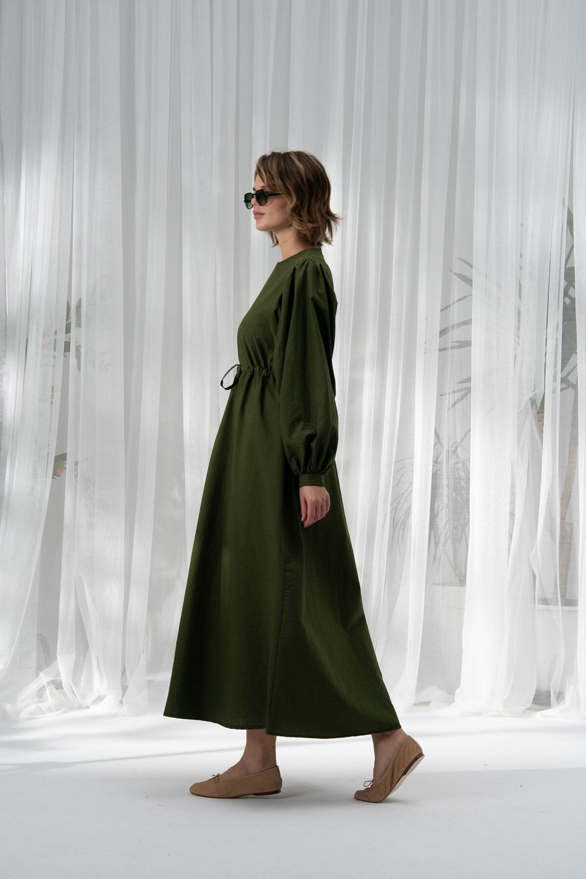 QANU-Green Cotton Gathered Dress 1