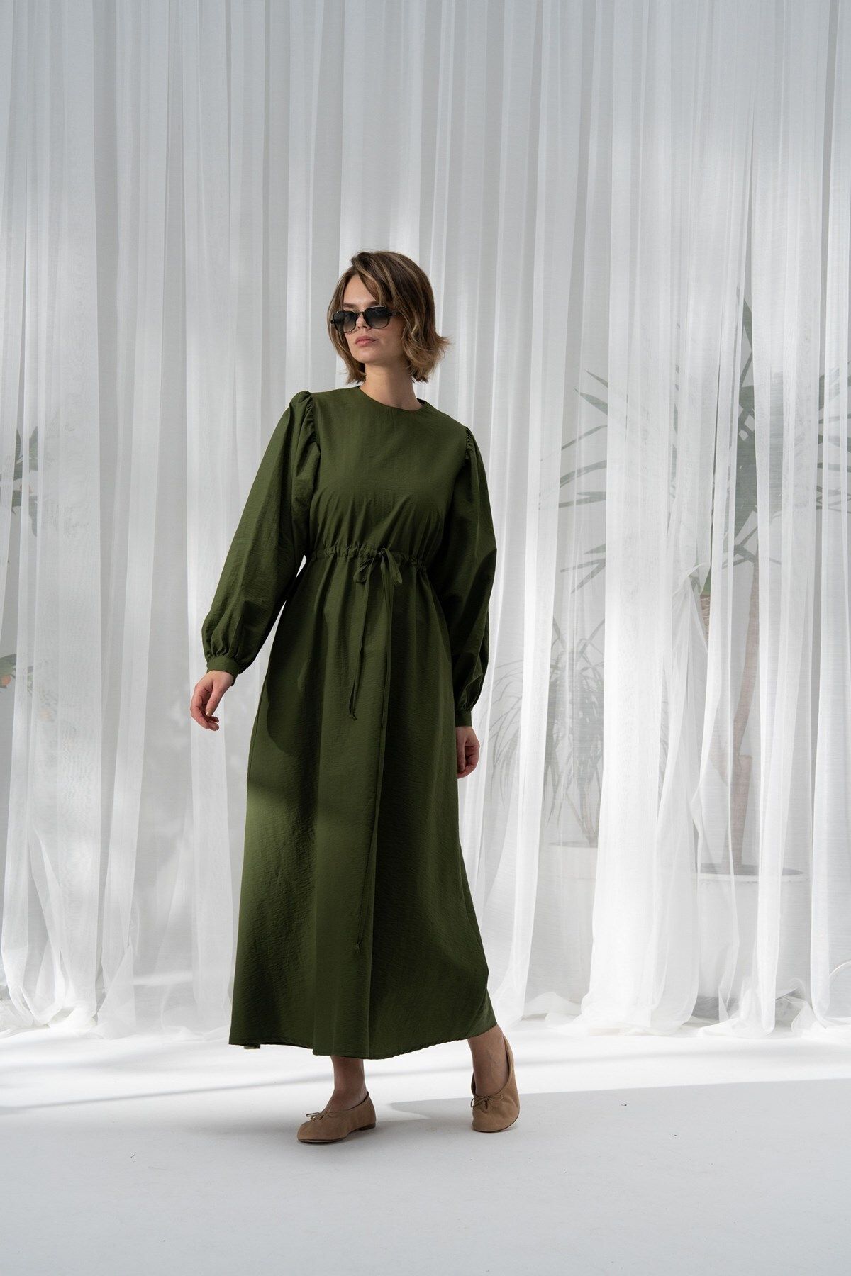 QANU-Green Cotton Gathered Dress 5