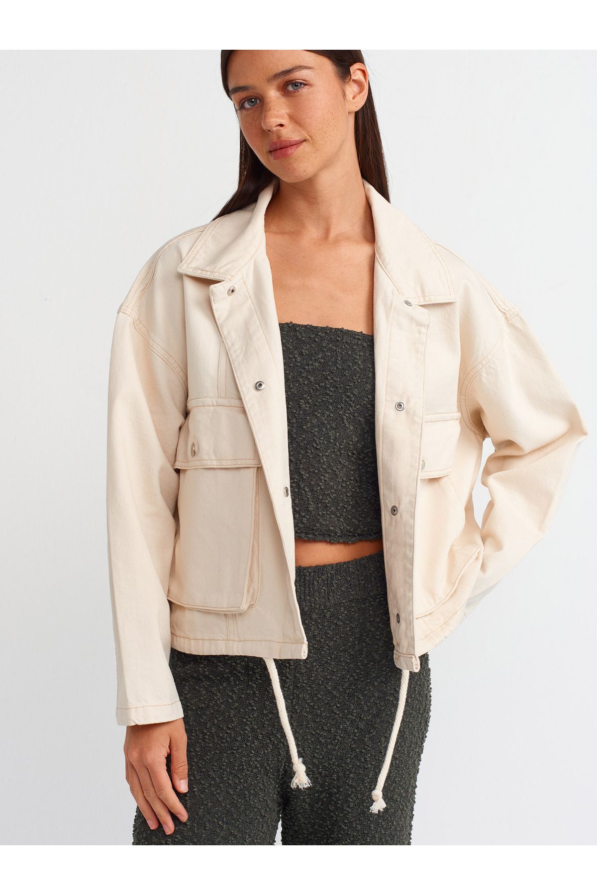 Dilvin-65350 Ecru Oversize Denim Coat - Lower Section with String 4