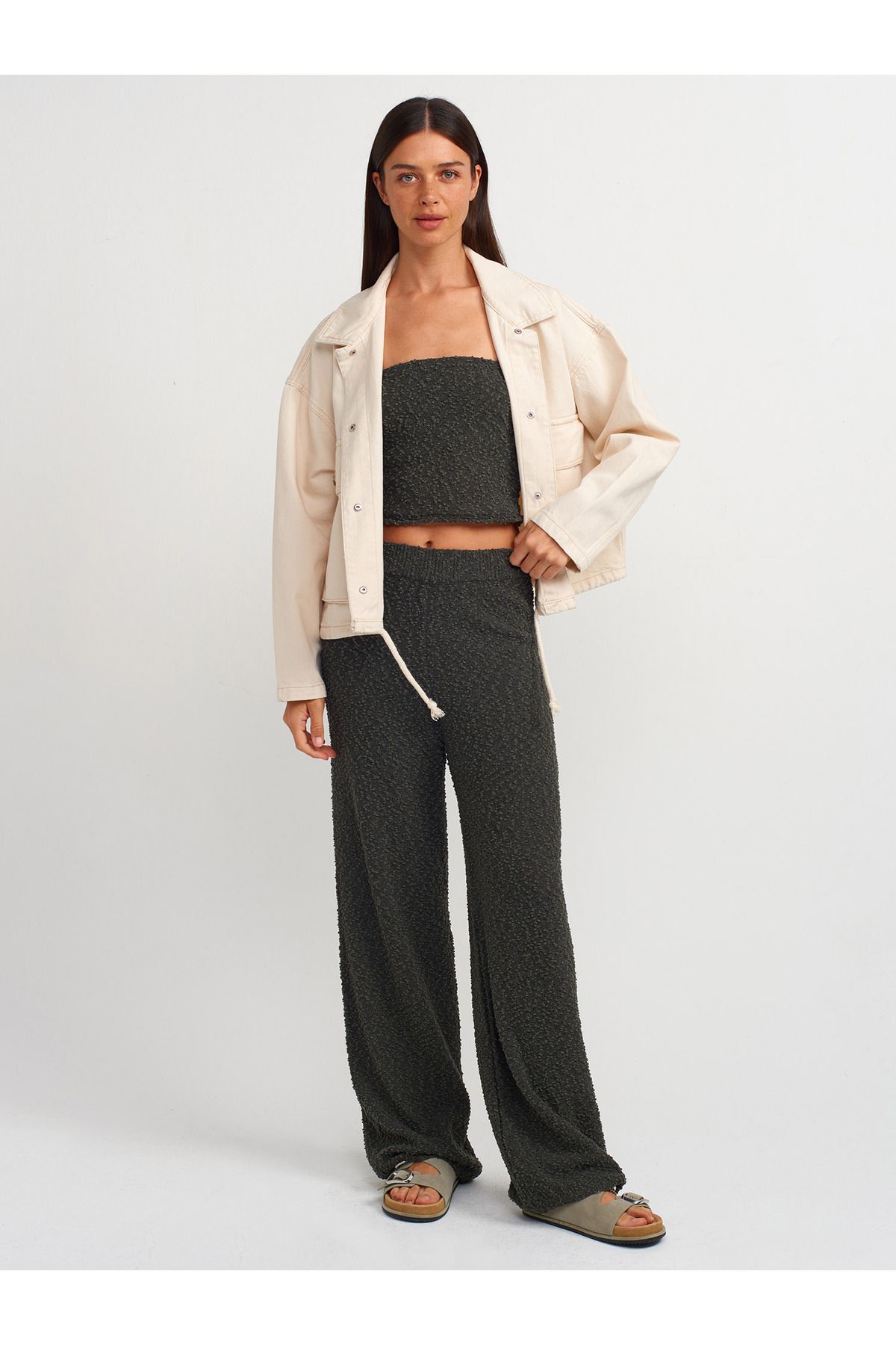 Dilvin-65350 Ecru Oversize Denim Coat - Lower Section with String 3