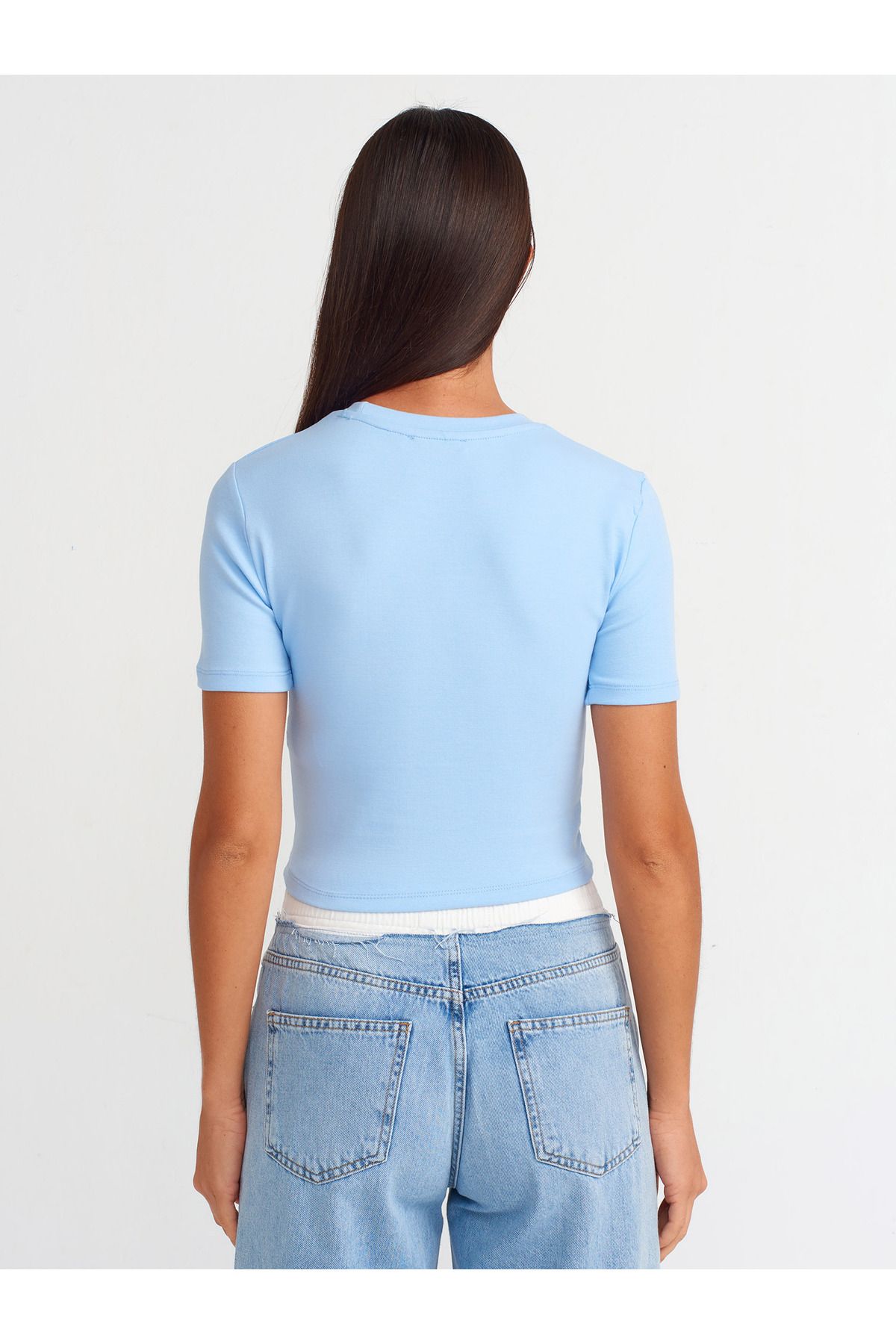 Dilvin-30124 Model - Light Blue Crop T-Shirt 2