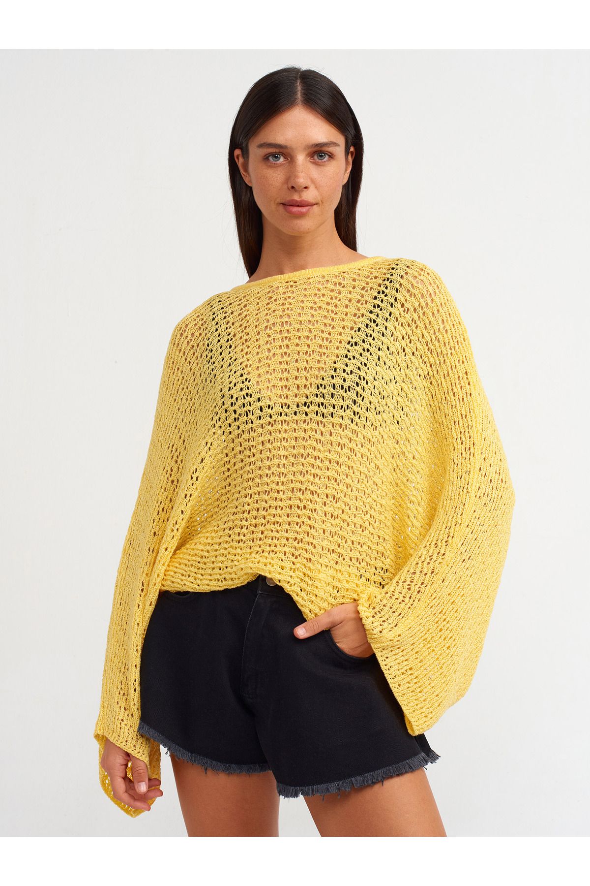 Dilvin-10551 Boat Neck Shaped Knit Sweater-yellow 4