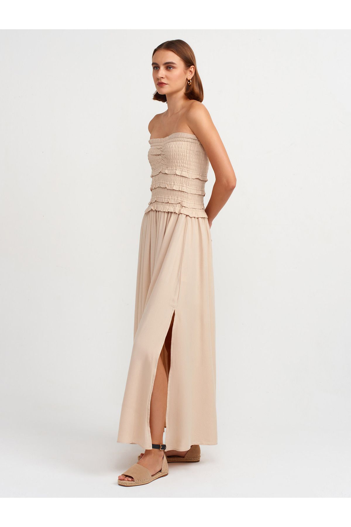 Dilvin-91220 Beige Strapless Gipe Detailed Dress 1