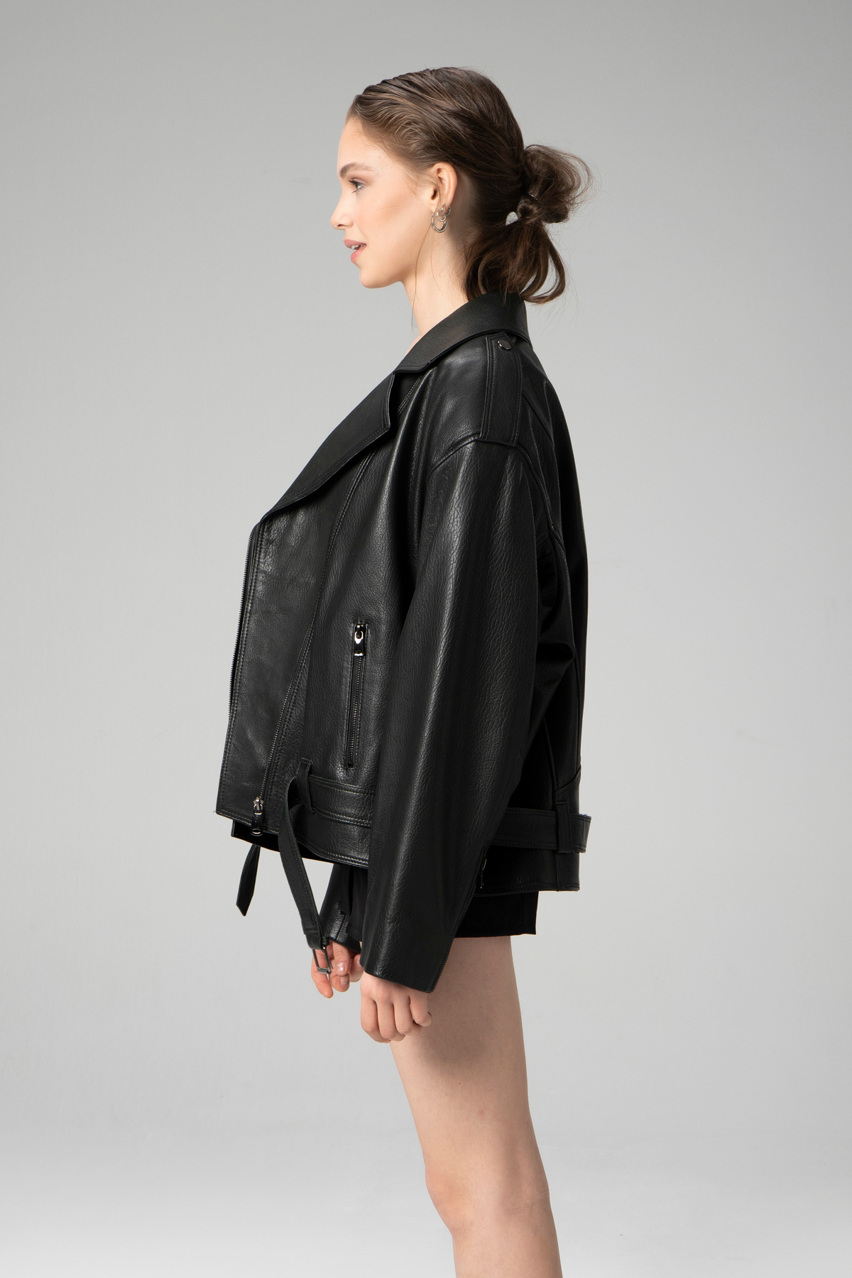 Dericlub Pamela Unisex Jumbo Oversize Biker Hakiki Deri Mont Siyah görsel 2