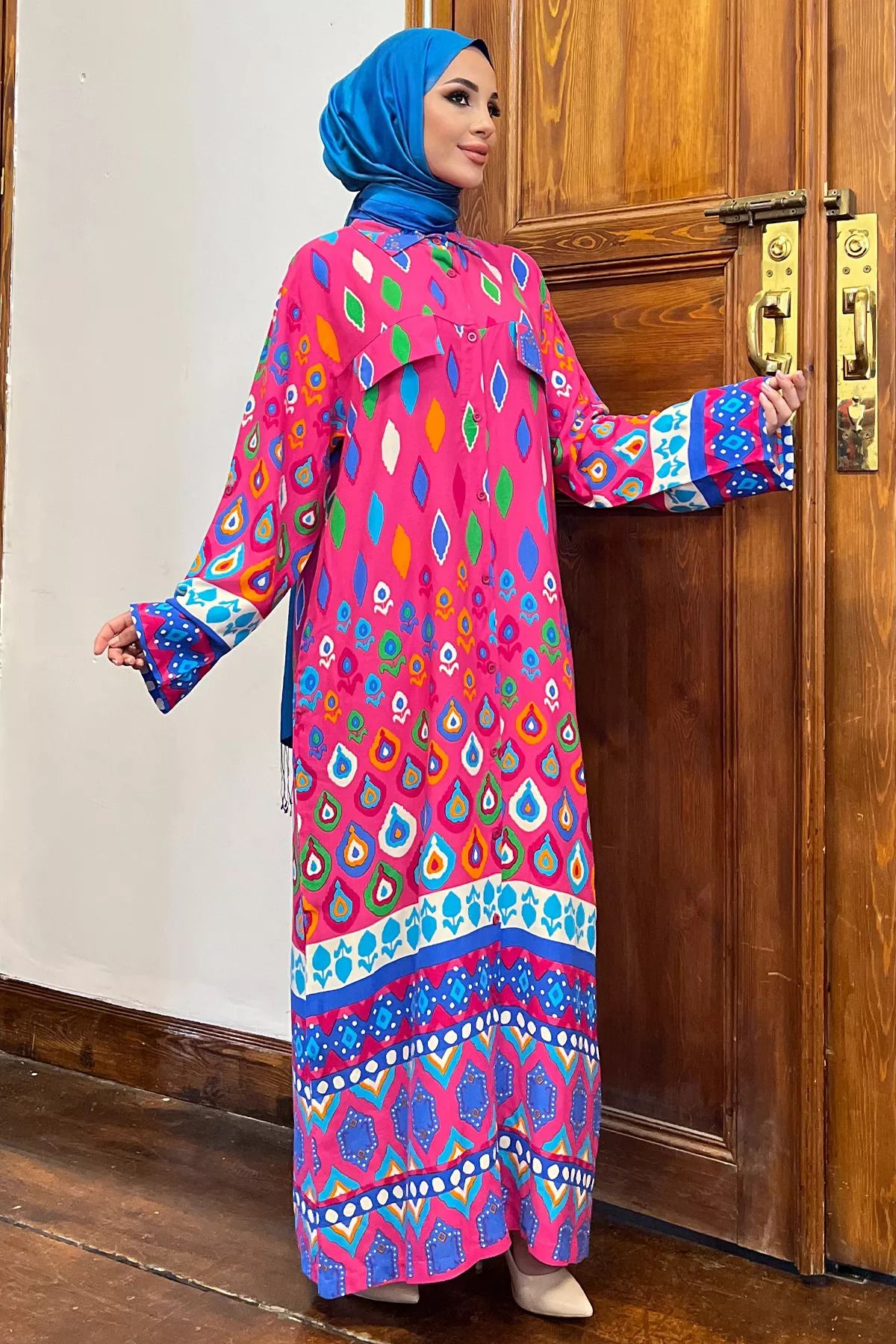 julude-Fuchsia Buttoned Patterned Hijab Viscose Dress 1