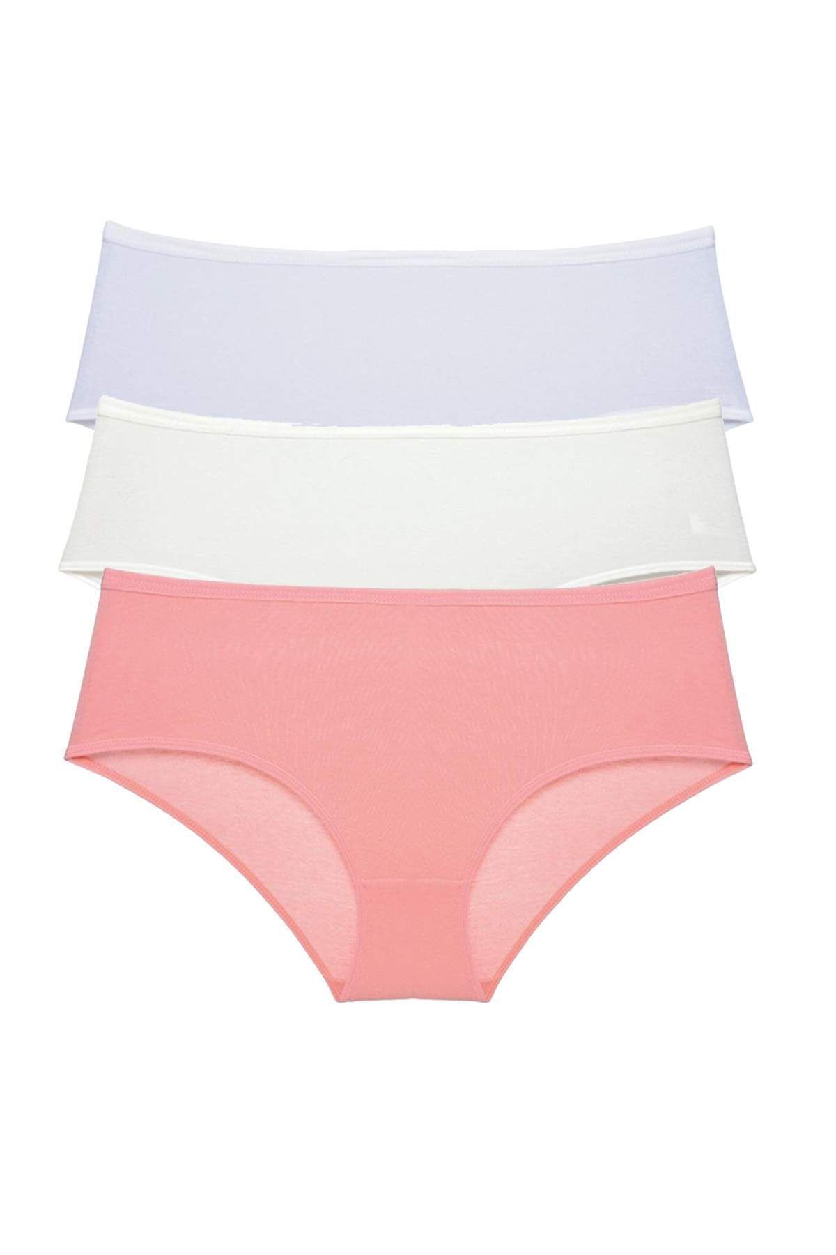 Pink Stil 3 Adet Kadın Yüksek Bel Bato Külot Beyaz Krem Pudra Pink Stil