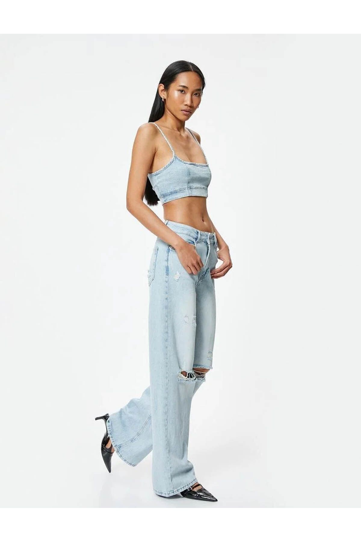 Koton-Bianca Wide Leg Jeans - Weites Bein, zerrissene Jeans, Standardbund, geknöpft 2