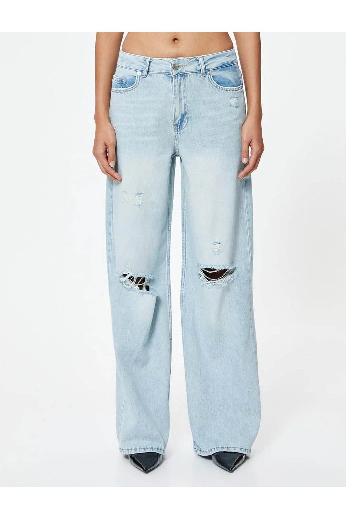 Koton-Bianca Wide Leg Jeans - Weites Bein, zerrissene Jeans, Standardbund, geknöpft 3