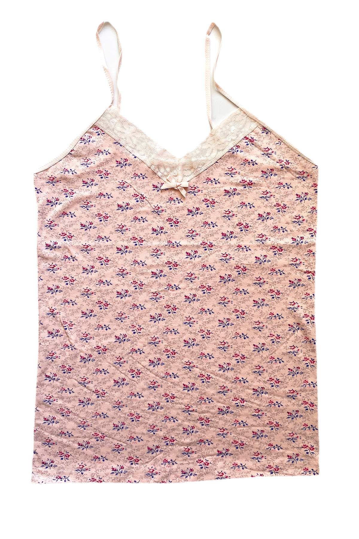 Pink Stil Kadın Askılı Desenli Atlet Dantelli Empirme Pamuklu Penye D10 Pink Stil
