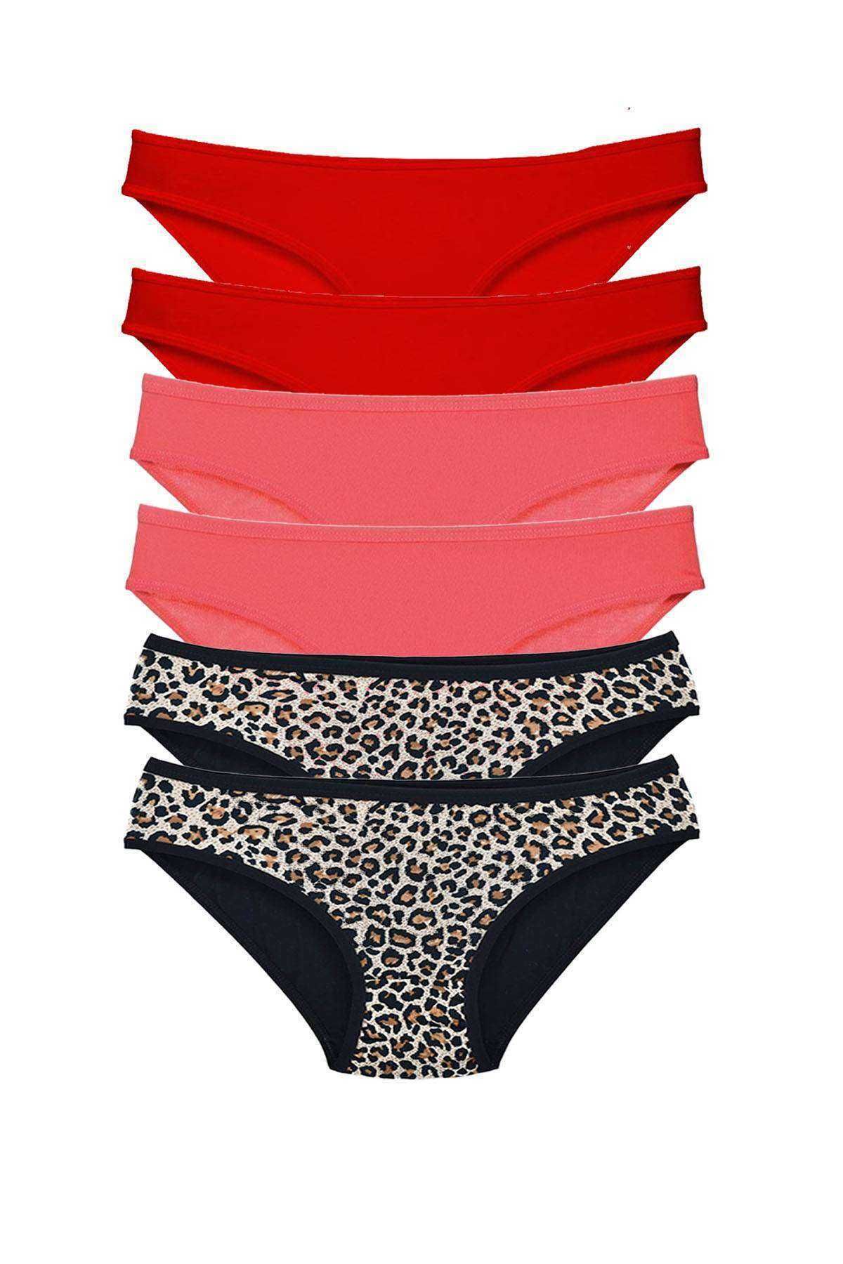 Pink Stil 6 Adet Likralı Kadın Slip Külot Leopar Kırmızı Fuşya Pink Stil