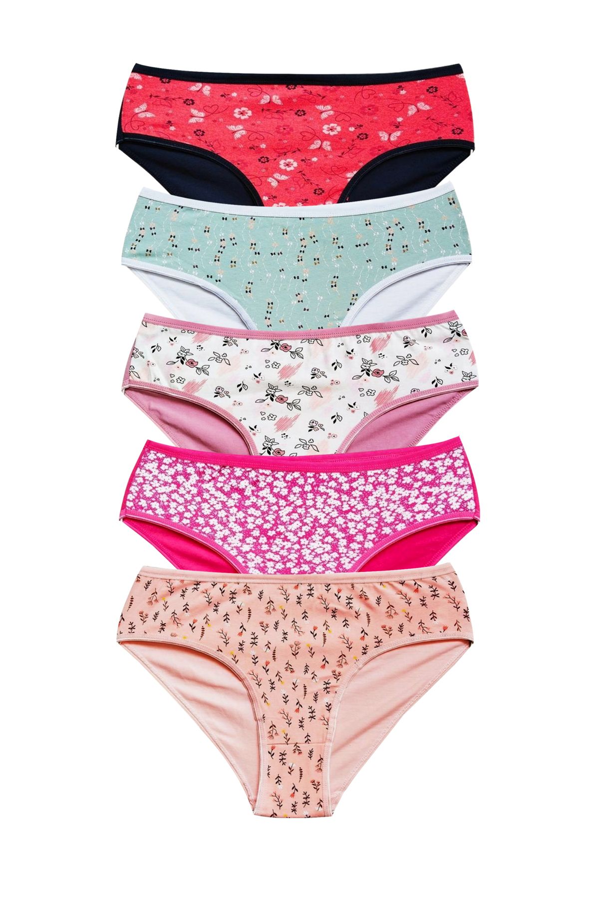 Pink Stil Pamuklu Geniş Kenarlı Likralı Desenli Bato Kadın Külot 5'li Paket Set 2 Pink Stil