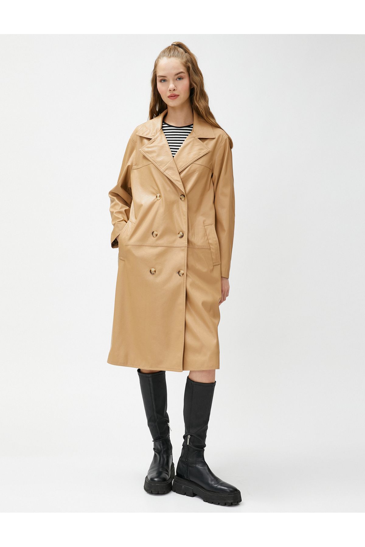 Koton-Leather Look Trench Coat Midi Length Buttoned Double Breasted Closure 3