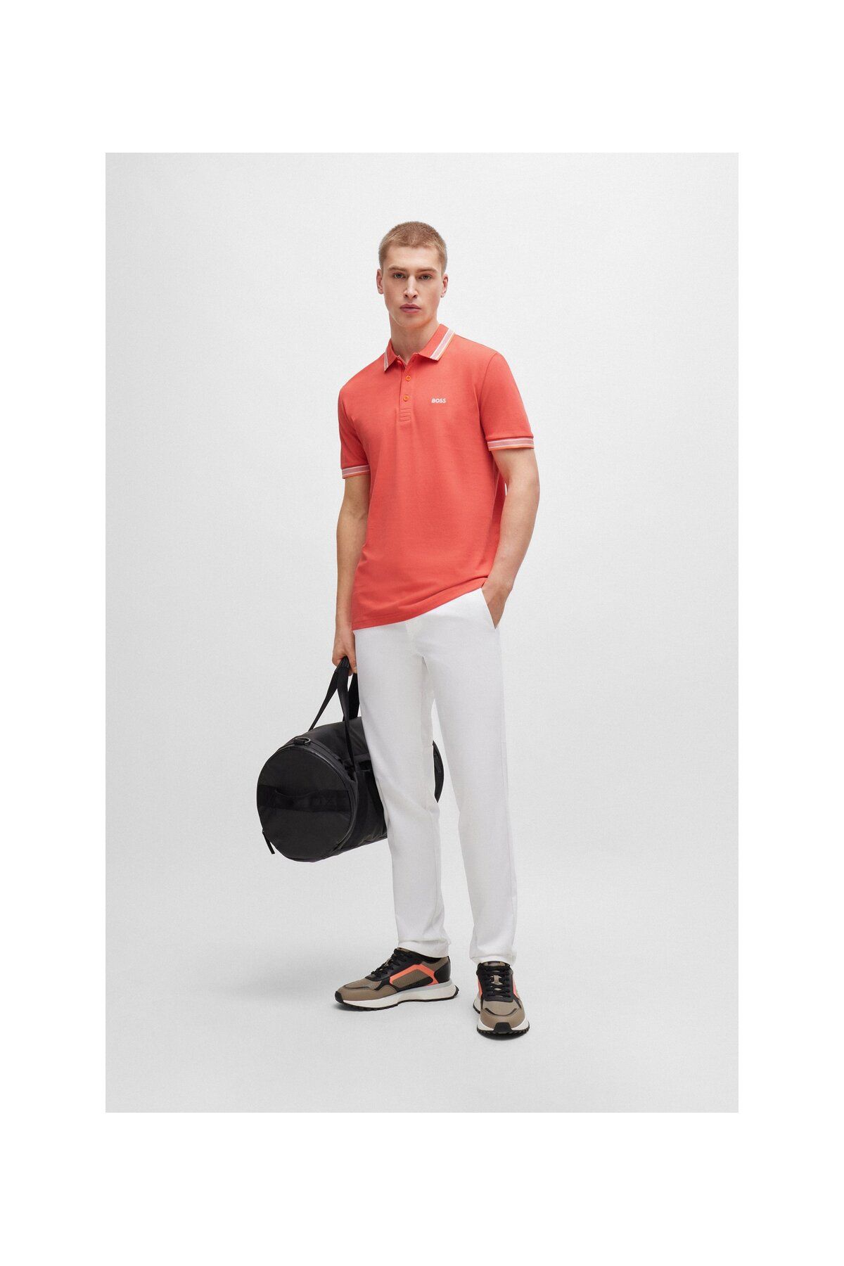 تی شرت یقه پولو قرمز مردانه لوگوی رنگ کنتراست پنبه چوگان yaka t shirt BOSS