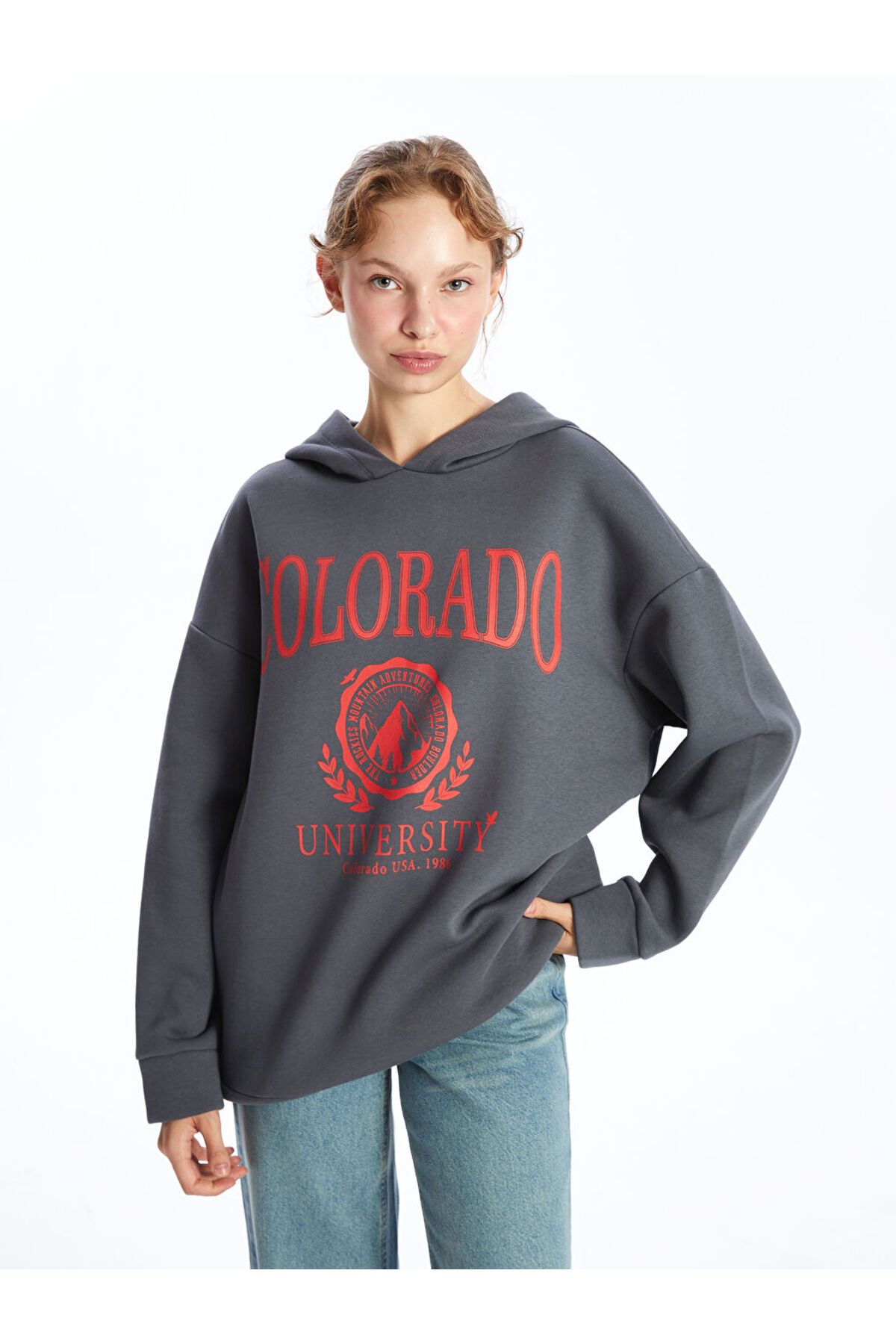LC Waikiki Kapüşonlu Baskılı Oversize Kadın Kalın Sweatshirt Tunik
