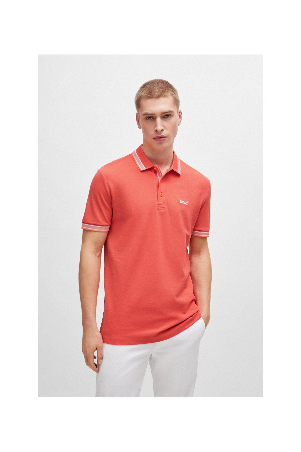 تی شرت یقه پولو قرمز مردانه لوگوی رنگ کنتراست پنبه چوگان yaka t shirt BOSS