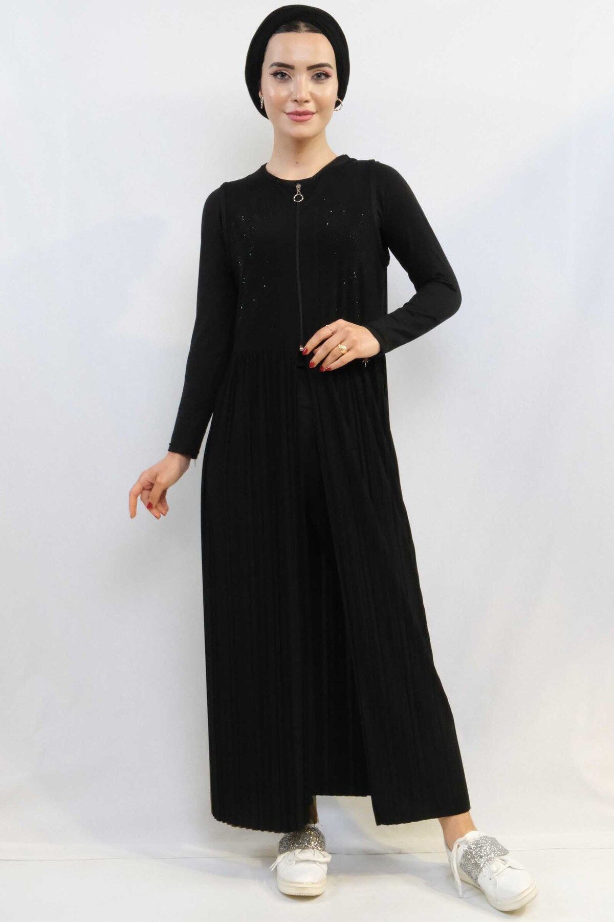COXO Fashion`S Moda Çizgi Stone Embroidered Pleated Vest Black MC727
