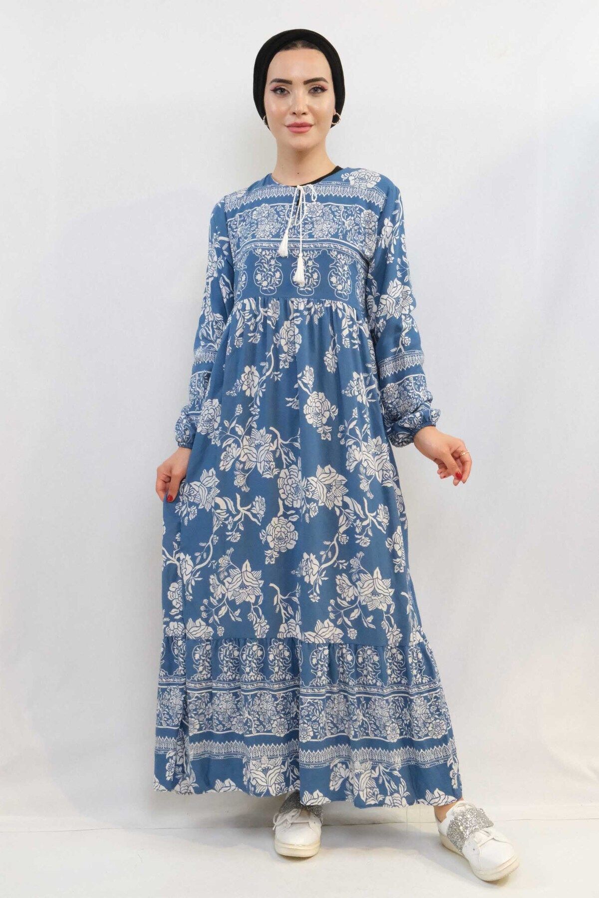 COXO Fashion`S Moda Çizgi Vintage Pattern Dress Blue