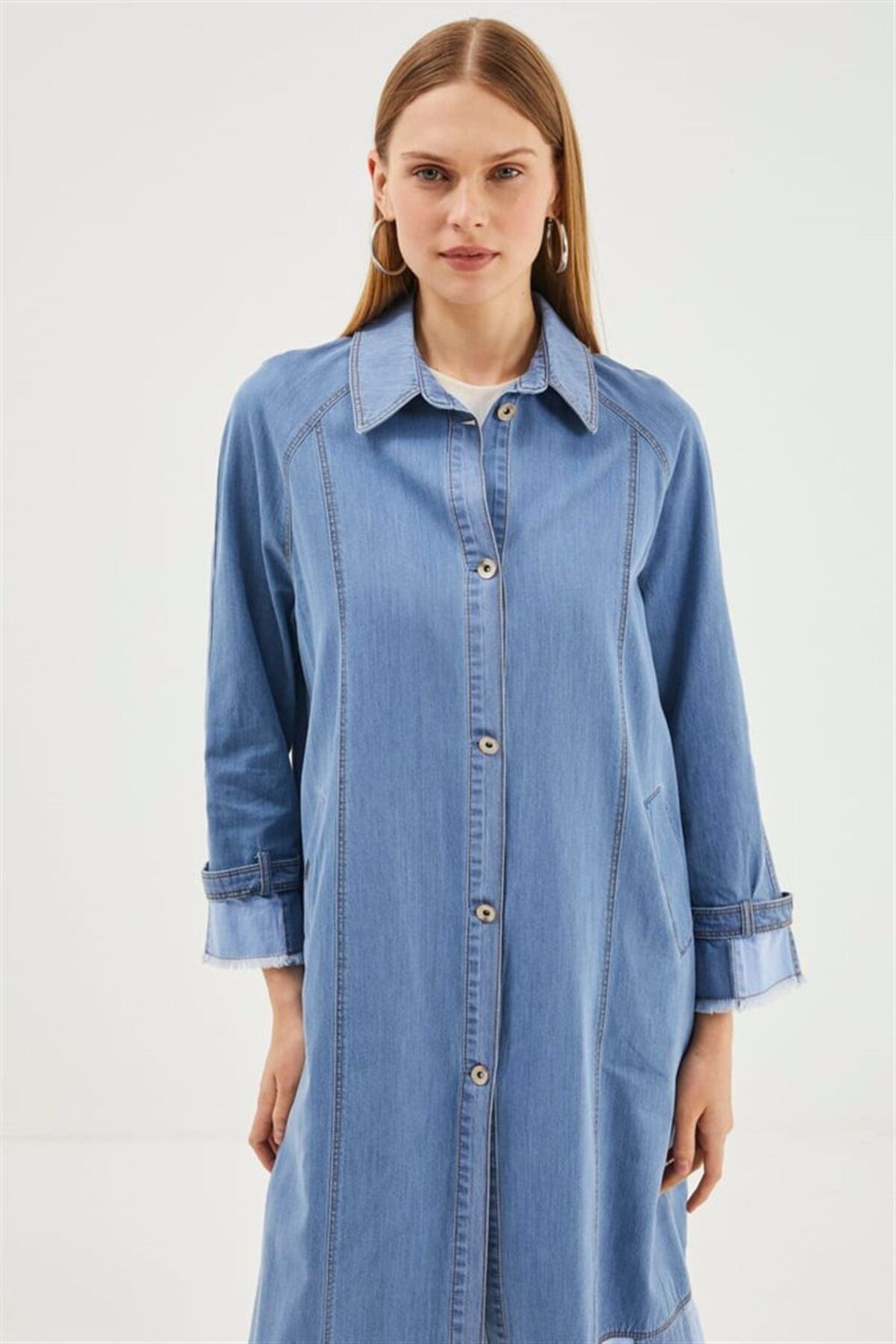 Zühre-Denim Sleeve Detailed Blue Wear Gç-0162 3