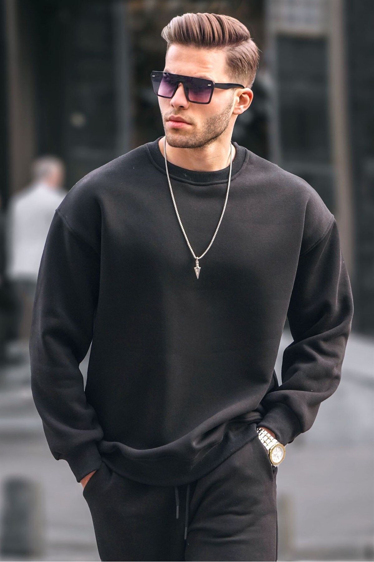black crew neck oversised hooded basic mens sweatshirt 6048