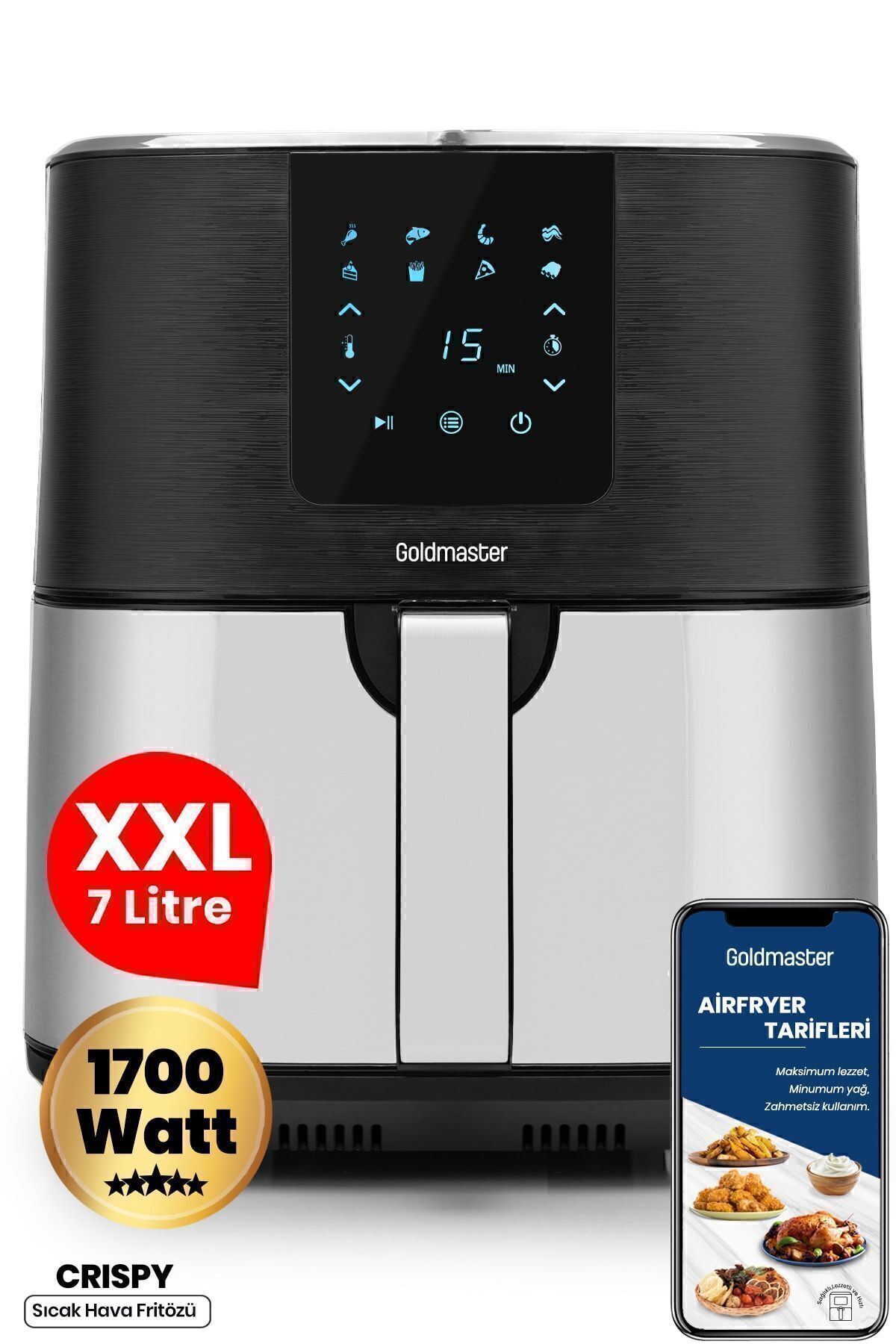Crispy Airfryer Siyah-ınox Xxxl 7 Litre 1700w Sıcak Hava Fritözü